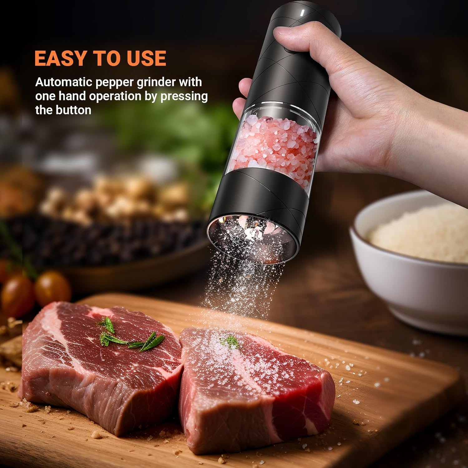 Large Capacity Electric Salt and Pepper Grinder – USB Rechargeable Salt Pepper Grinder – 6-Level Adjustable Coarseness–Automatic Salt Grinder and Pepper Mill – Easy One-Hand Operation - Image 5
