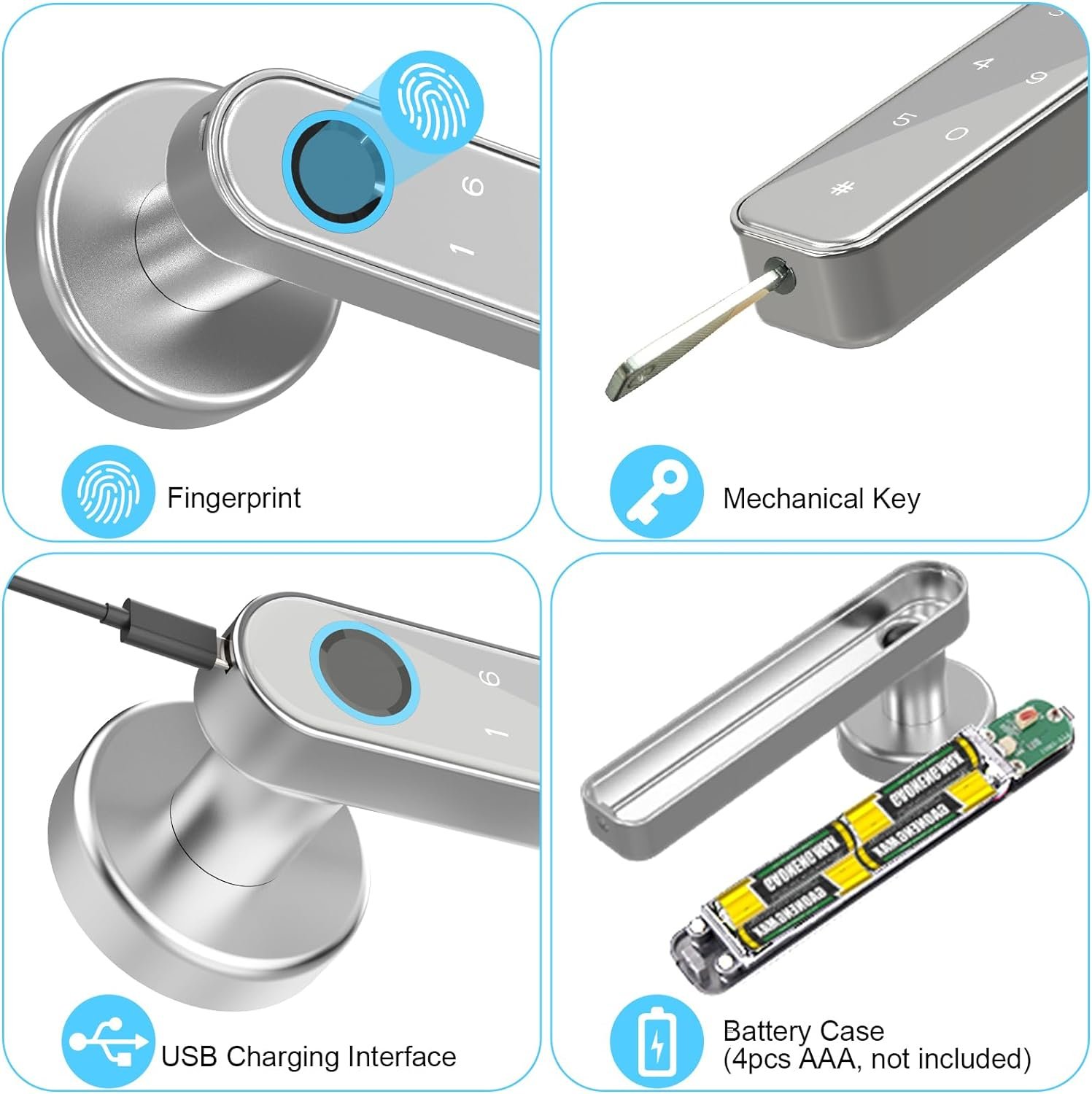 Secustone Fingerprint Door Lock, Smart Lock, Keyless Entry Door Lock, Smart Door Knob with Passcode, Fingerprint, Keys, Door Lock Fingerprint for Bedroom, Apartment, Office, Silver - Image 3