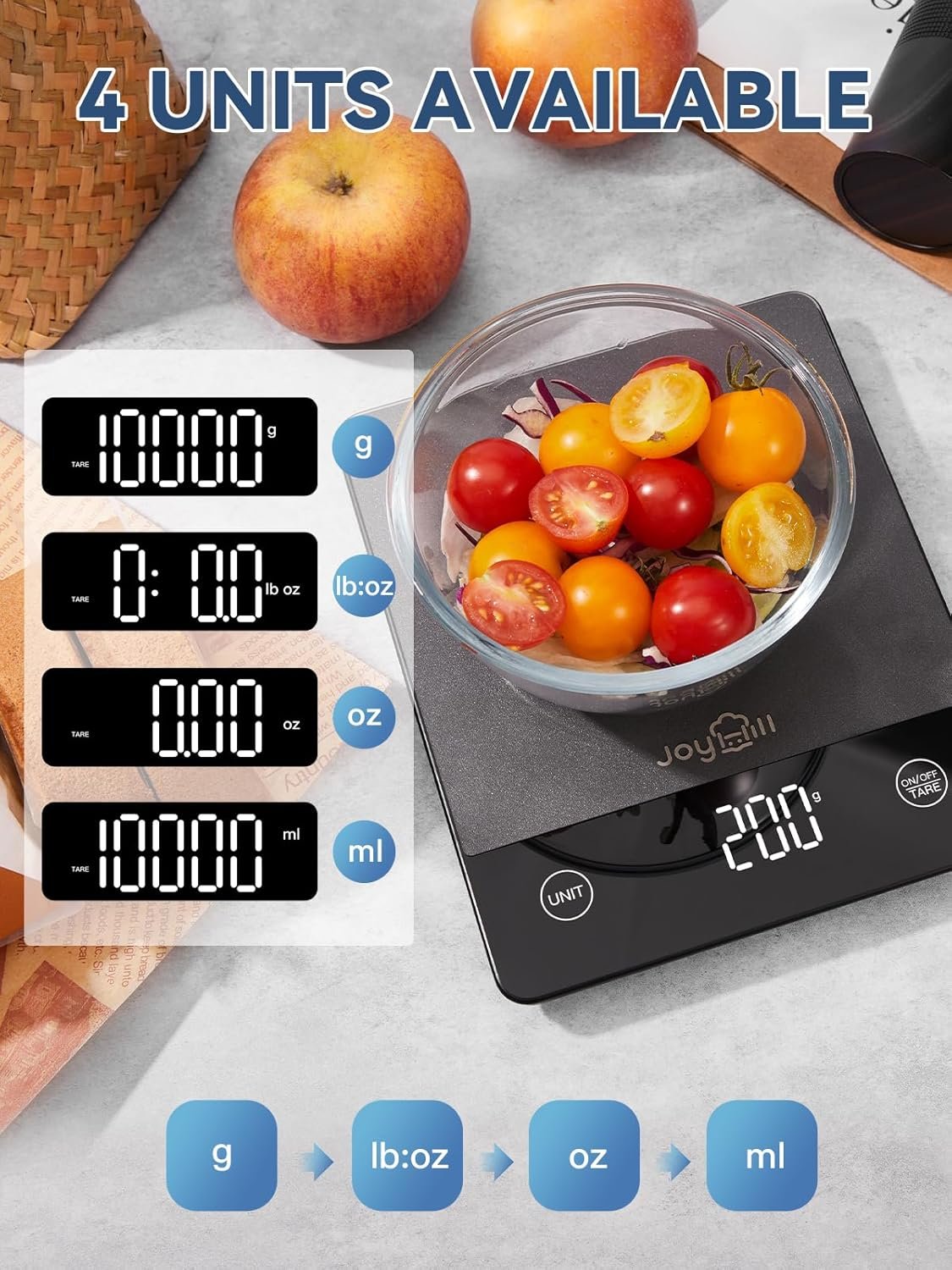 JOYHILL Food Scale, 22lb Digital Kitchen Scale Food Ounces and Grams for Weight Loss, Baking and Cooking, Premium Stainless Steel with LED Display, Batteries Included, Black - Image 4