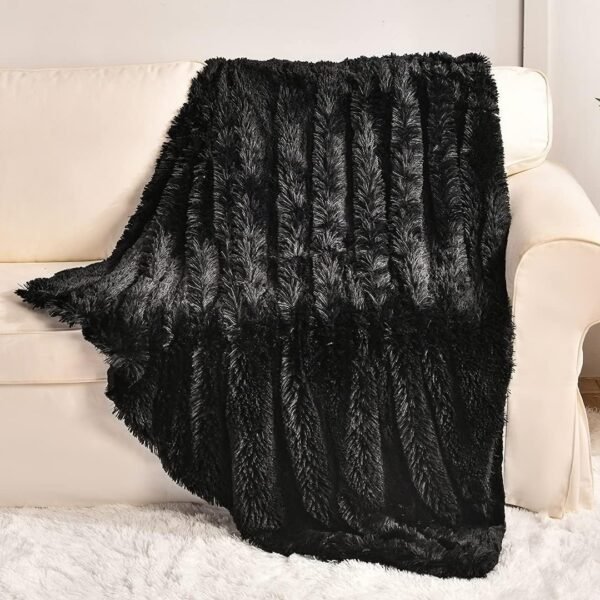 YUSOKI Black Faux Fur Throw Blanket,2 Layers,50" x 60", Soft Fuzzy Fluffy Plush Furry Comfy Warm Cozy Blanket for Couch Bed Chair Sofa Bedroom Mens Gift - Image 2
