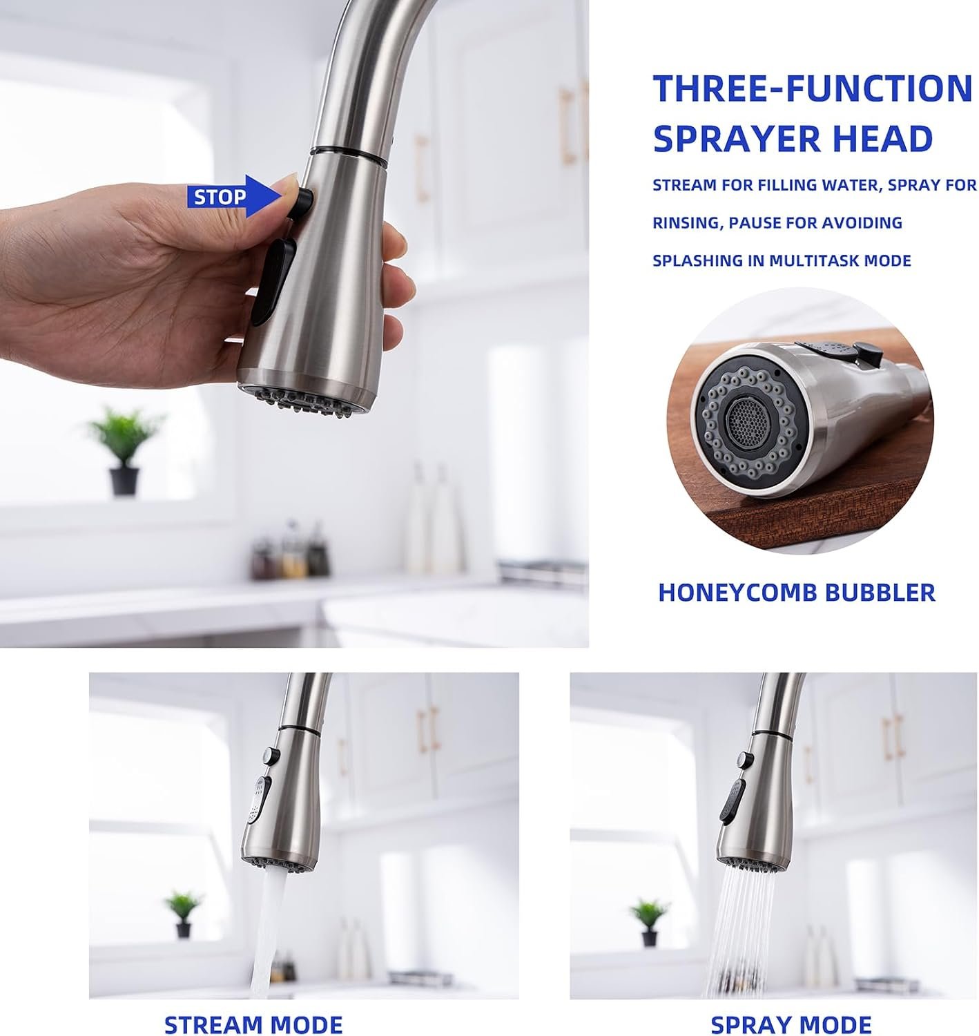 Touch on Kitchen Faucet with Soap Dispenser and Pull Down Sprayer - Single Handle Kitchen Sink Faucet, 1 or 3 Hole Design for Modern Farmhouse Kitchens, Rv, and Bar Sinks(Brushed Nickel) - Image 6