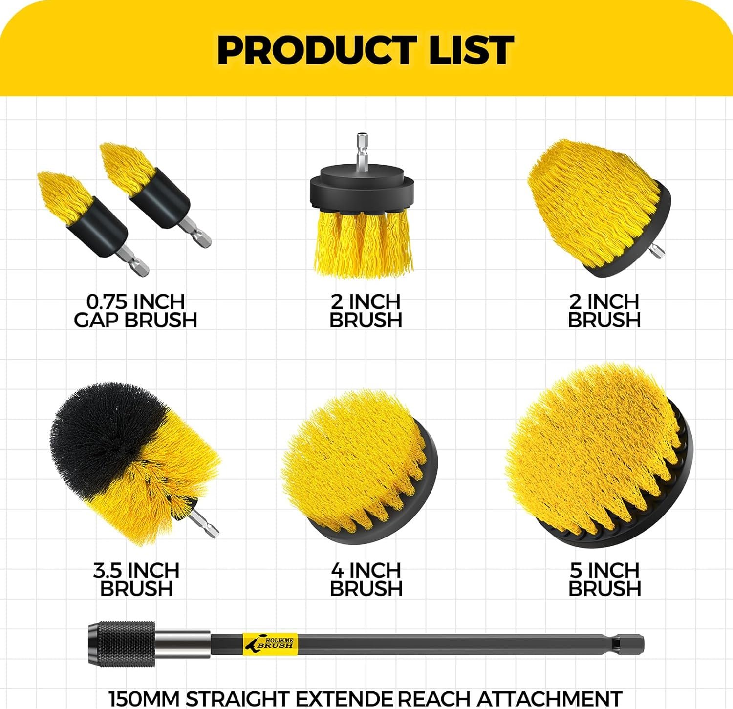 Holikme 8 Piece Drill Brush Attachments Set, Power Scrubber with Extend Long Attachment,Cleaning Supplies for Bathtub, Shower, Grout, Tile(Yellow) - Image 3