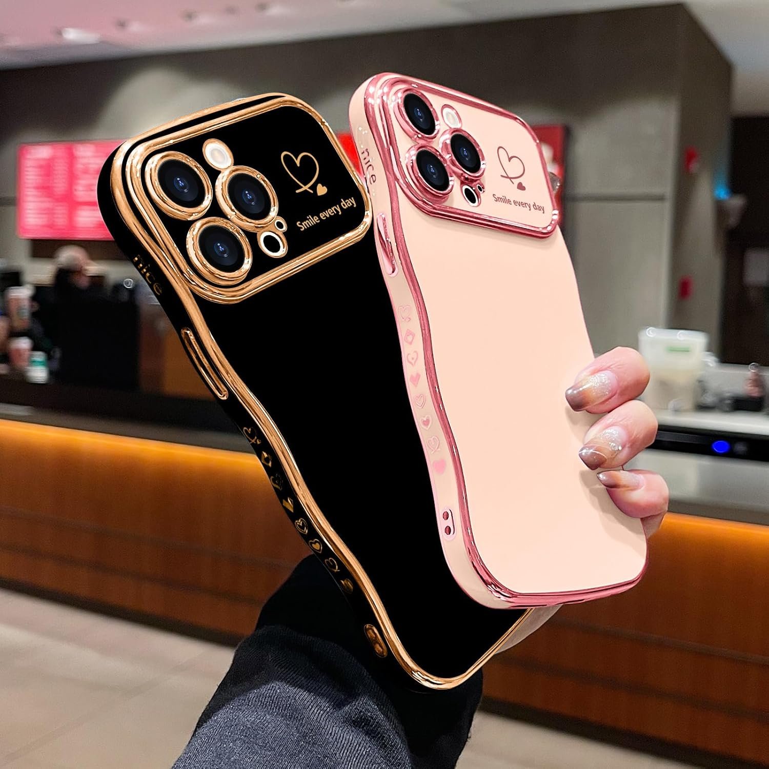 LCHULLE for iPhone 14 Pro Max Case for Women Girls, Cute Wave Frame Curly Shape with Love Heart Pattern Raised Camera Protection Cover Luxury Plating Shockproof Phone Case for iPhone 14 Pro Max, Black - Image 7
