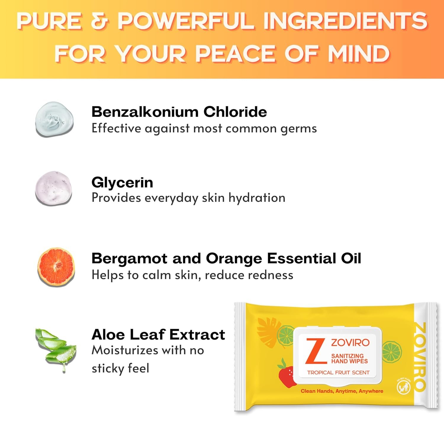 Zoviro Hand Sanitizing Wipes, Bergamot and Orange Essential Oils, Hand Wipes Travel Size, Moisturizing Hand Sanitizer Wipes, Value Pack, Tropical Fruit Scent, 80 Count (Pack of 3) - Image 4