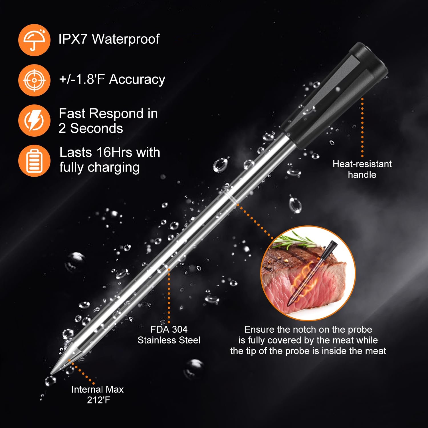 INSMART Wireless Meat Thermometer for Meat Smoker Probe,Bluetooth Meat Wireless Probe Thermometer Temperature Probe Smart Digital Meat for Grilling Temp Spike Cooking Thermometer - Image 7