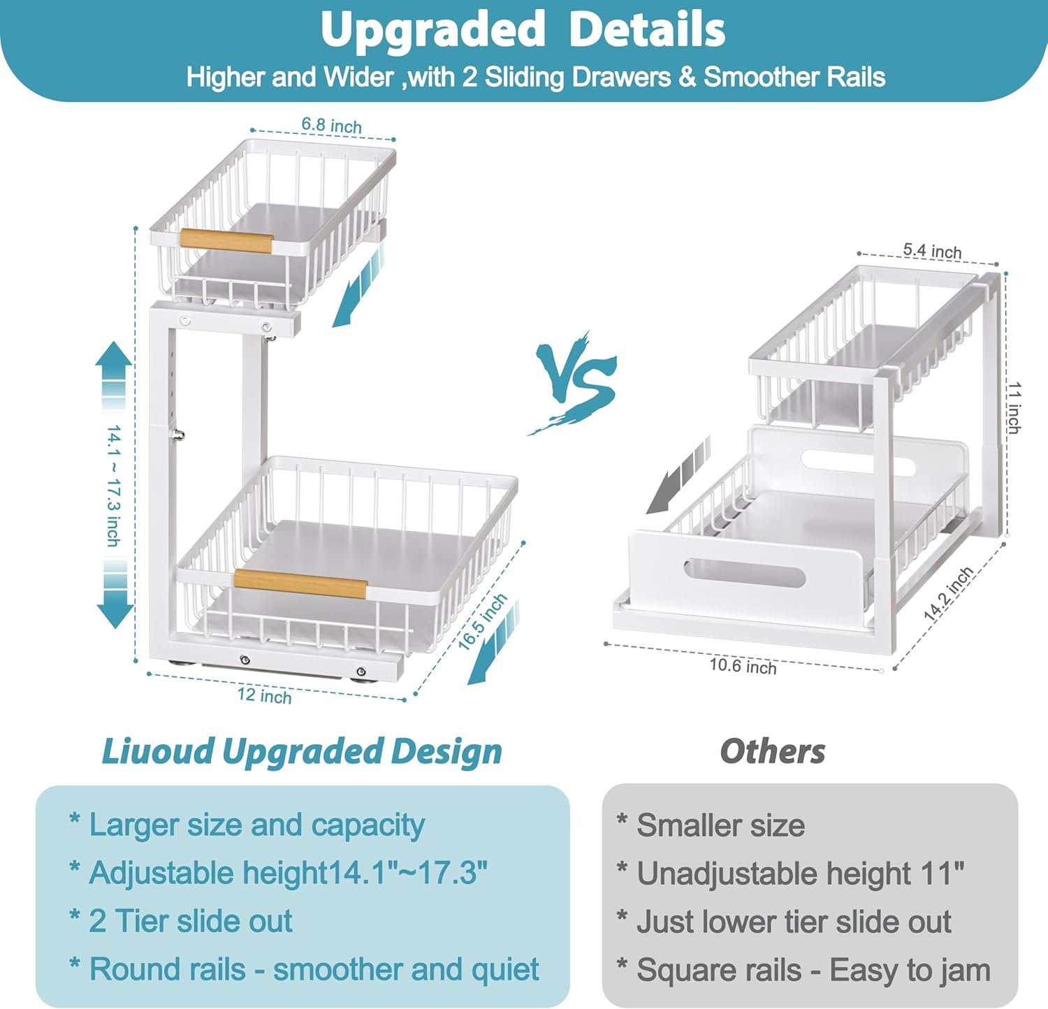 Under Sink Organizer 2 pack, 2 Tier Slide Out Under Sink Organizers And Storage, Height Adjustable Pull Out Cabinet Organizer Drawers, Kitchen Bathroom Metal Sink Storage Shelves, White - Image 6