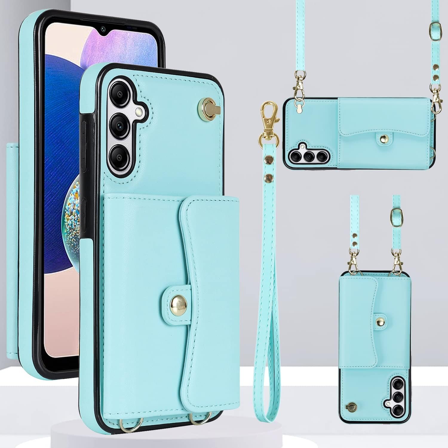 Asuwish Phone Case for Samsung Galaxy A14/M14 5G Wallet Cover with RFID Blocking Credit Card Holder Wrist Crossbody Strap Lanyard Stand Leather Girls Cell Accessories A 14 4G 14A 14M G5 Women Men Teal - Image 2