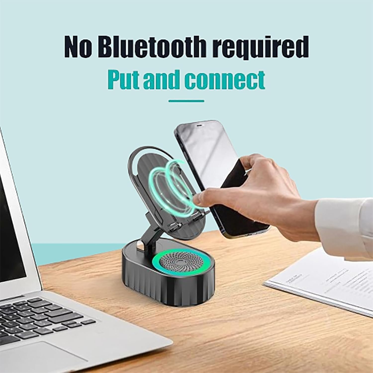 Wireless Induction Audio Bluetooth Speaker, 5-in-1 Bluetooth Audio Power Bank Bracket Induction Bracket Speaker 360°Rotating Folding Lifting Charging Treasure Holder, Gifts for Men Women (Black) - Image 4