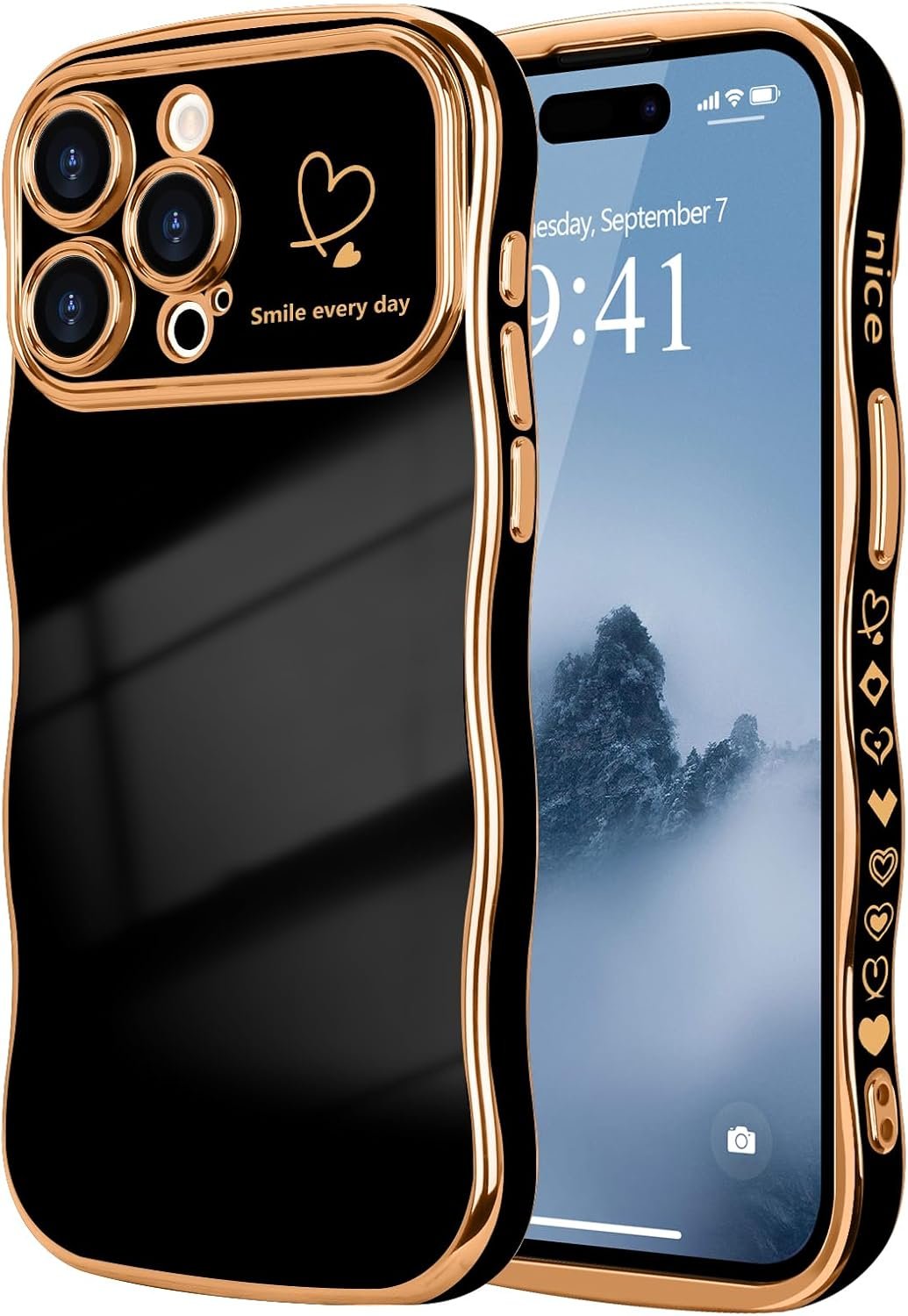 LCHULLE for iPhone 14 Pro Max Case for Women Girls, Cute Wave Frame Curly Shape with Love Heart Pattern Raised Camera Protection Cover Luxury Plating Shockproof Phone Case for iPhone 14 Pro Max, Black - Image 2