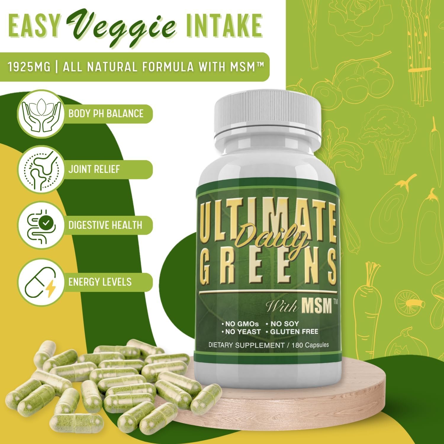 Ultimate Greens with MSM 1925mg Vegan Friendly Natural Ingredients Superfood Vegetable Nutritional Alkalizing Immune Energy Support Supplement 180 Capsules (1 Month Supply) - Image 3