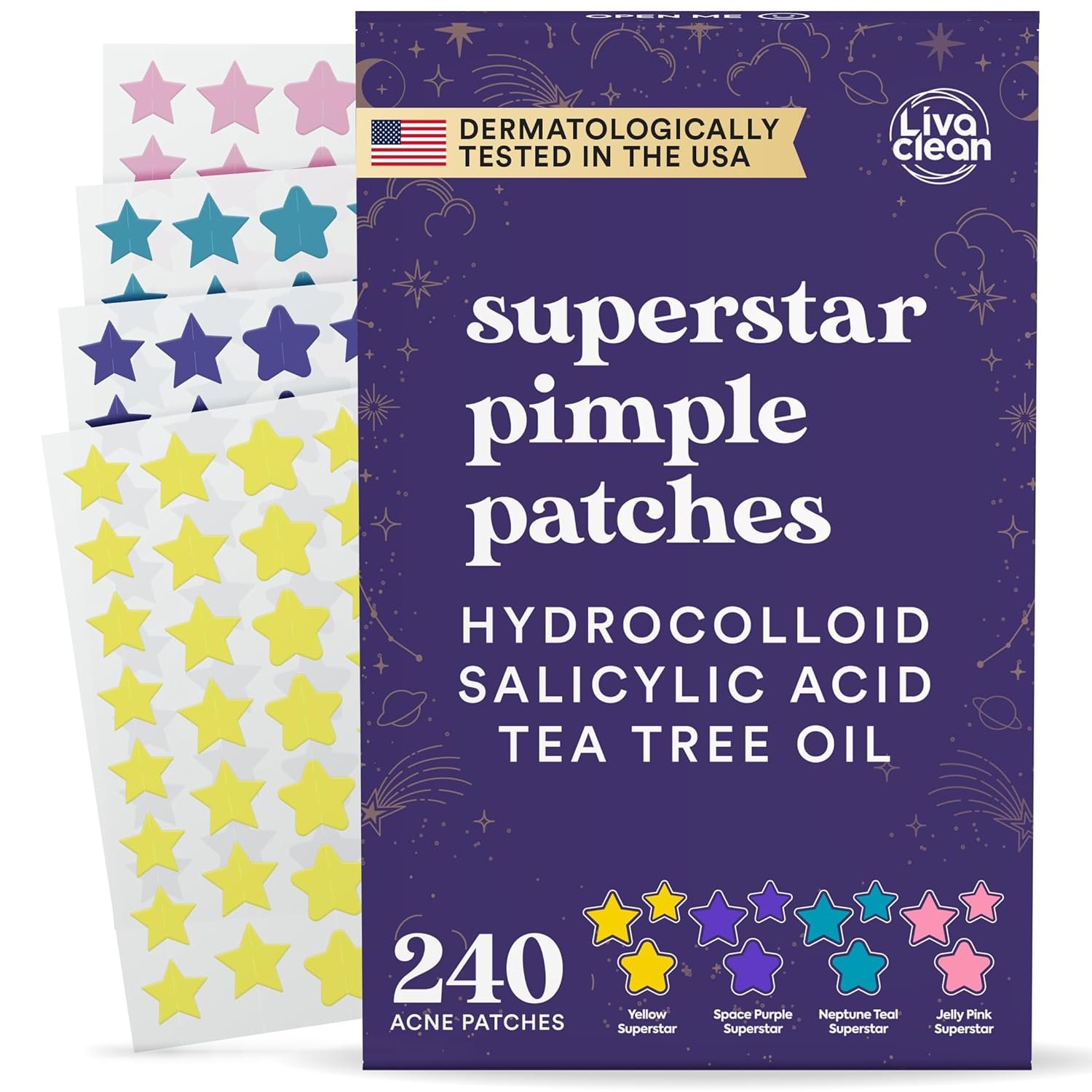 LivaClean Star Pimple Patches for Face w/Hydrocolloid, Salicylic Acid & Tea Tree, 240 Patches, Hydrocolloid Acne Patch, Cute Star Pimple Patch for Healing Stickers Zit Superstar - Image 2