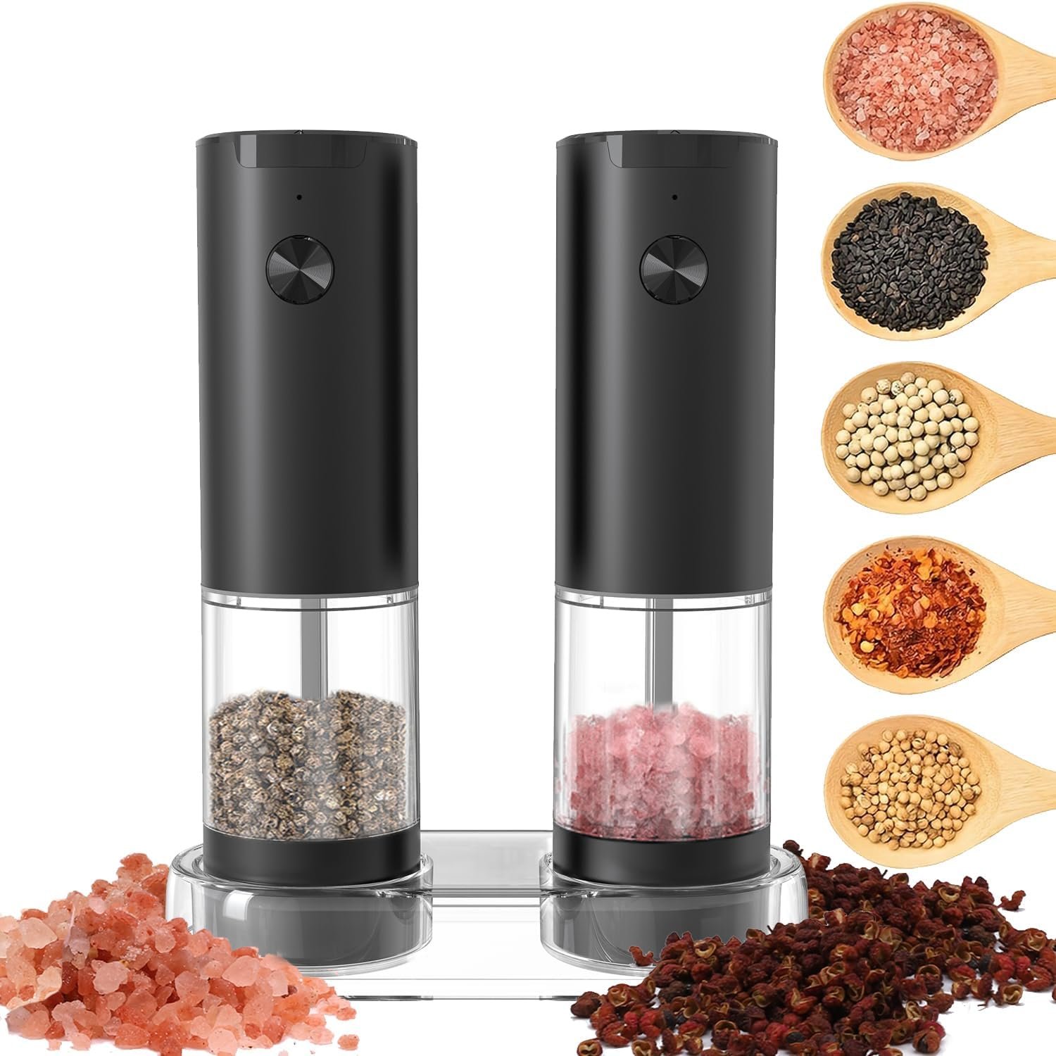 Electric Salt and Pepper Grinder Set - Battery Powered Peppermill Salt Shaker Battery Operated Spice Grinders White Light One Hand Operated Storage Base - Image 2