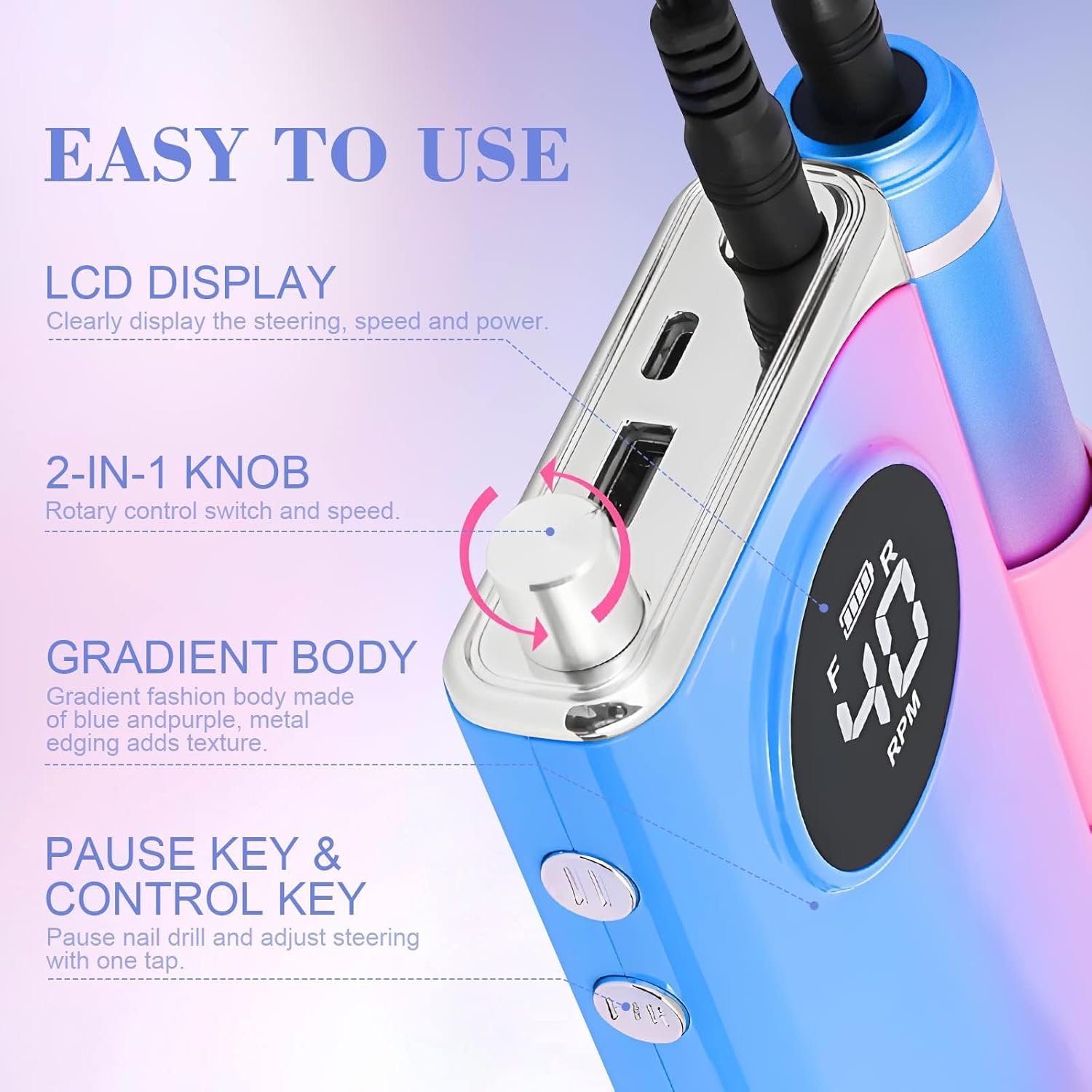SAVILAND Electric Nail Drill Professional: 40000RPM Powerful Electric Nail File Portable Nail Drill with 12 Drill Bits Rechargeable Efile for Acrylic Gel Nails Removing Manicure Pedicure Salon - Image 7