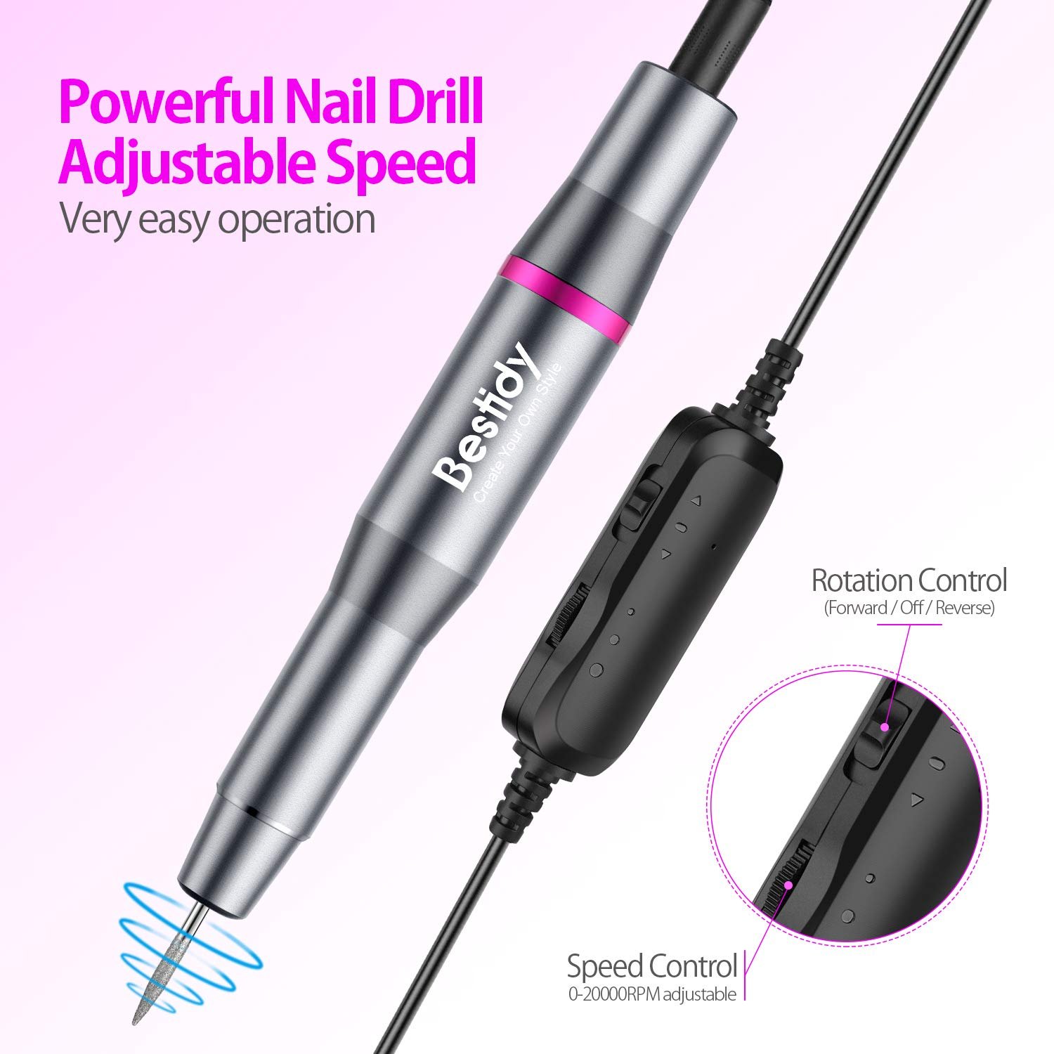 Bestidy Best Gift Electric Nail Drill Kit, USB Manicure Pen Sander Polisher with 6 Pieces Changeable Drills and Sand Bands for Exfoliating, Polishing, Nail Removing, Acrylic Nail Tools (B-Black) - Image 5