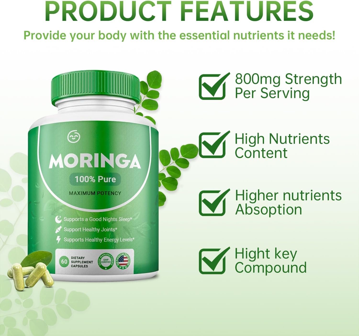 Moringa Powder Capsules Pure Nutrient Rich Moringa Powder Natural Green Antioxidant Superfood Supports Energy Skin Health Gut Health with Essential Vitamins and Amino Acids (Pack of 1) - Image 3