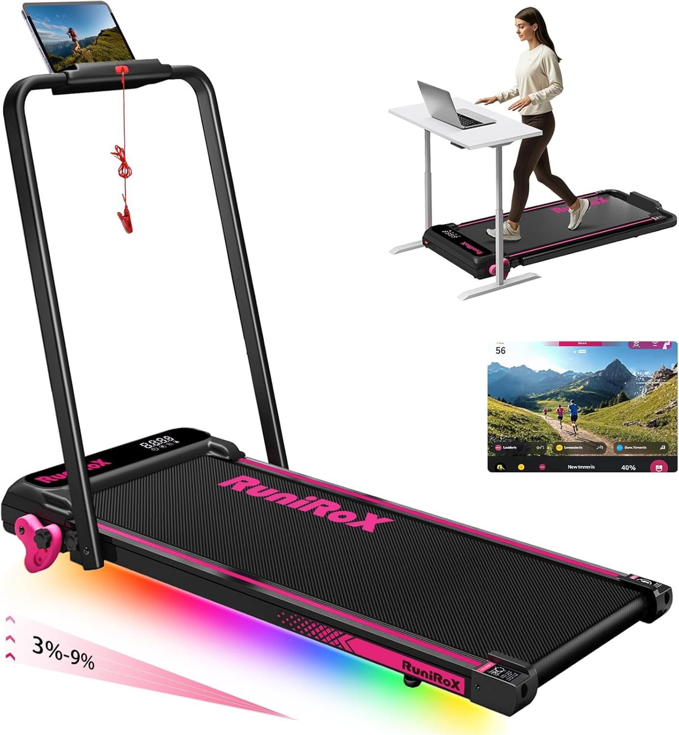 Walking Pad Treadmill with Incline and Lights, Under Desk Treadmill with Incline for Home Office, 3 in 1 Portable Treadmill with LED Display and APP - Image 2