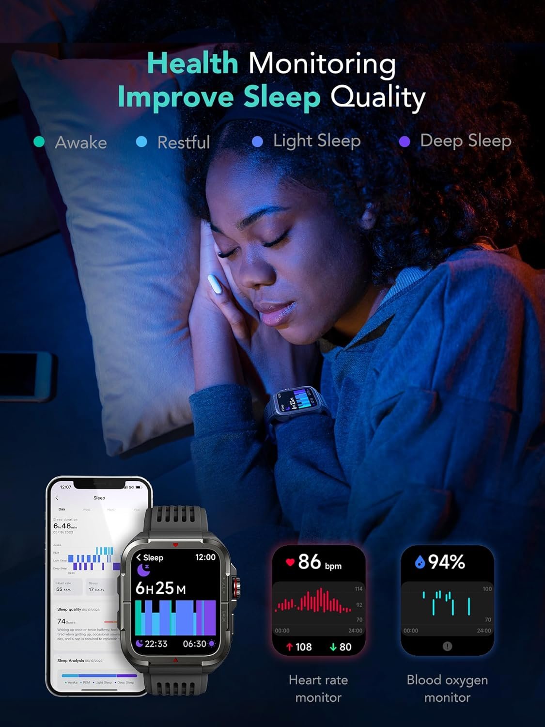 SKG R8 Smart Watch for Men Women (Answer/Make Call), 1.8" Military Smartwatch for Android iPhone with Alexa Built-in, IP68 Waterproof, Fitness Tracker with 100+ Sports Heart Rate/SpO2/Sleep Monitor - Image 9