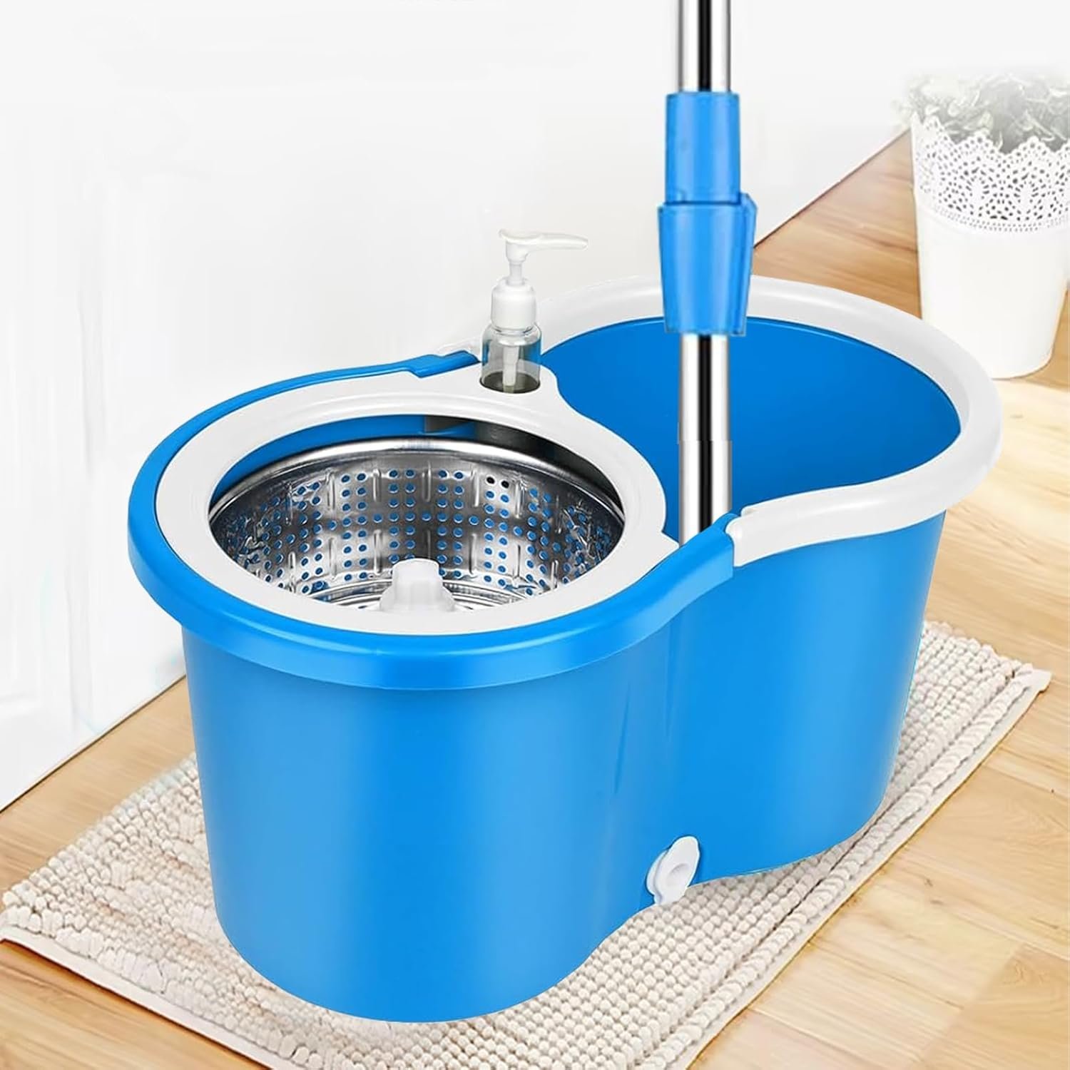Spin Mop and Bucket with Wringer Set, 360° Mop and Bucket Set for Floor Cleaning, Stainless Steel 61" Adjustable Extended Handle with 3 Microfiber Mop Refills, Blue - Image 4