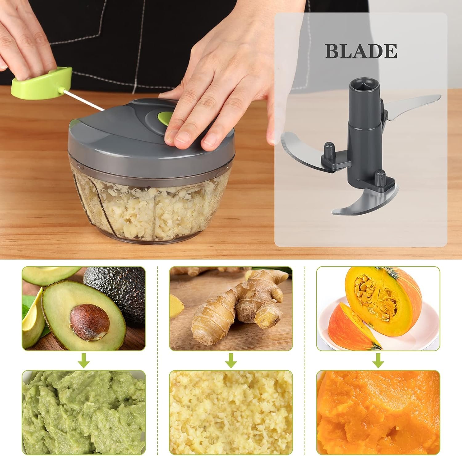 Cambom Manual Food Chopper Vegetable Cutter, Hand String Vegetable Chopper Onions Cutter for Vegetable Fruits Nuts BPA Free Food Safe Material, 550ml Gray - Image 4