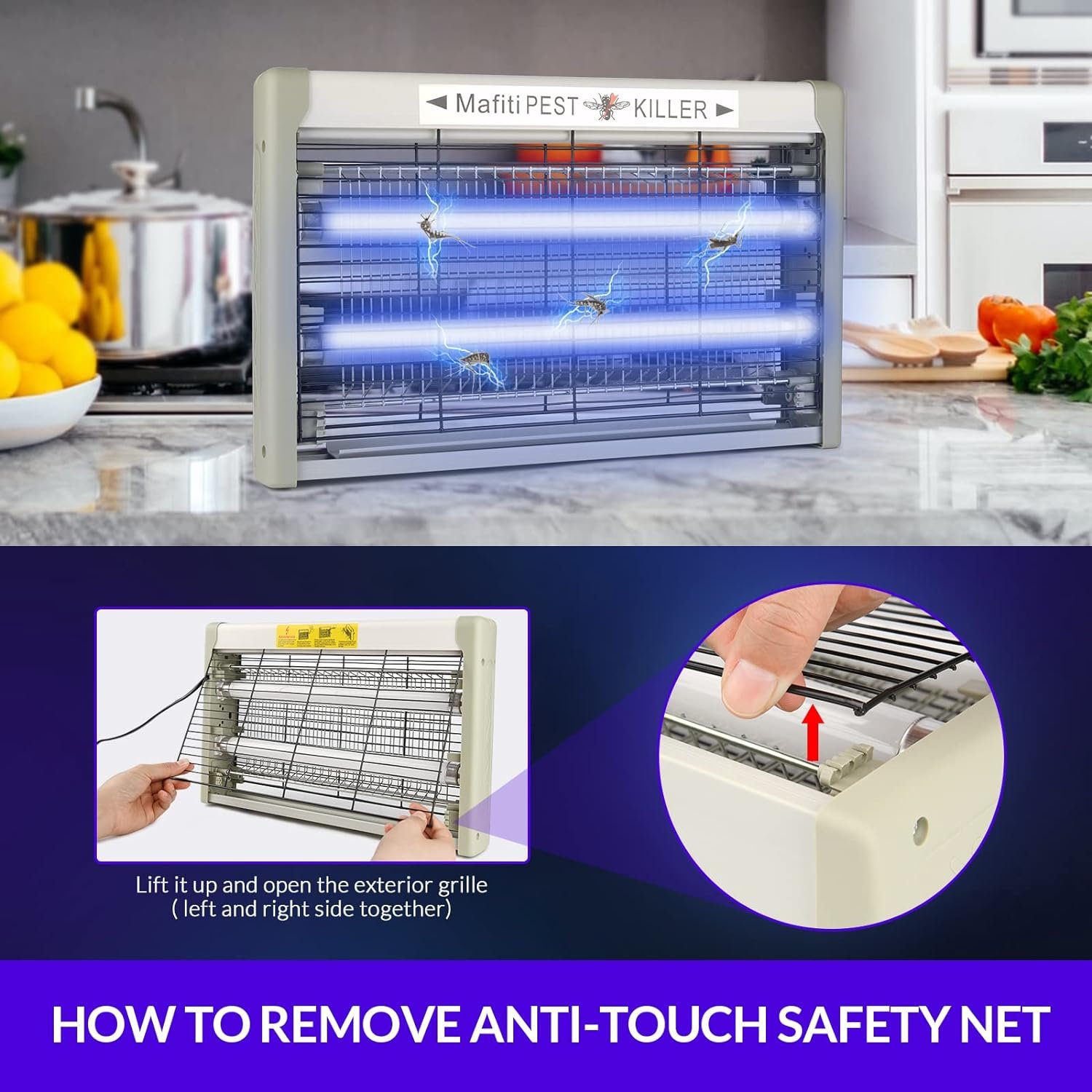 mafiti Bug Zapper 20W 3500V Fly Traps Indoor Electric Mosquito Zapper Fly Killer Gnats Fruit Trap for Home Restaurants Kitchen Garden with 2 Replacement Bulbs Grey - Image 6
