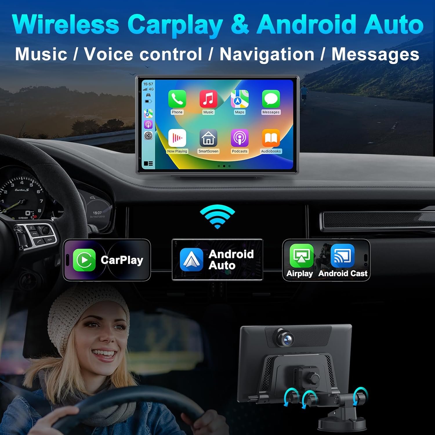 Wireless Portable Carplay Screen with 4K Dash Cam, Android Auto, 9'' Auto-Dimming Screen with Strongest Suction Mount, GPS Navigation for Car, 1080P Backup Camera, Loop Recording - Image 3