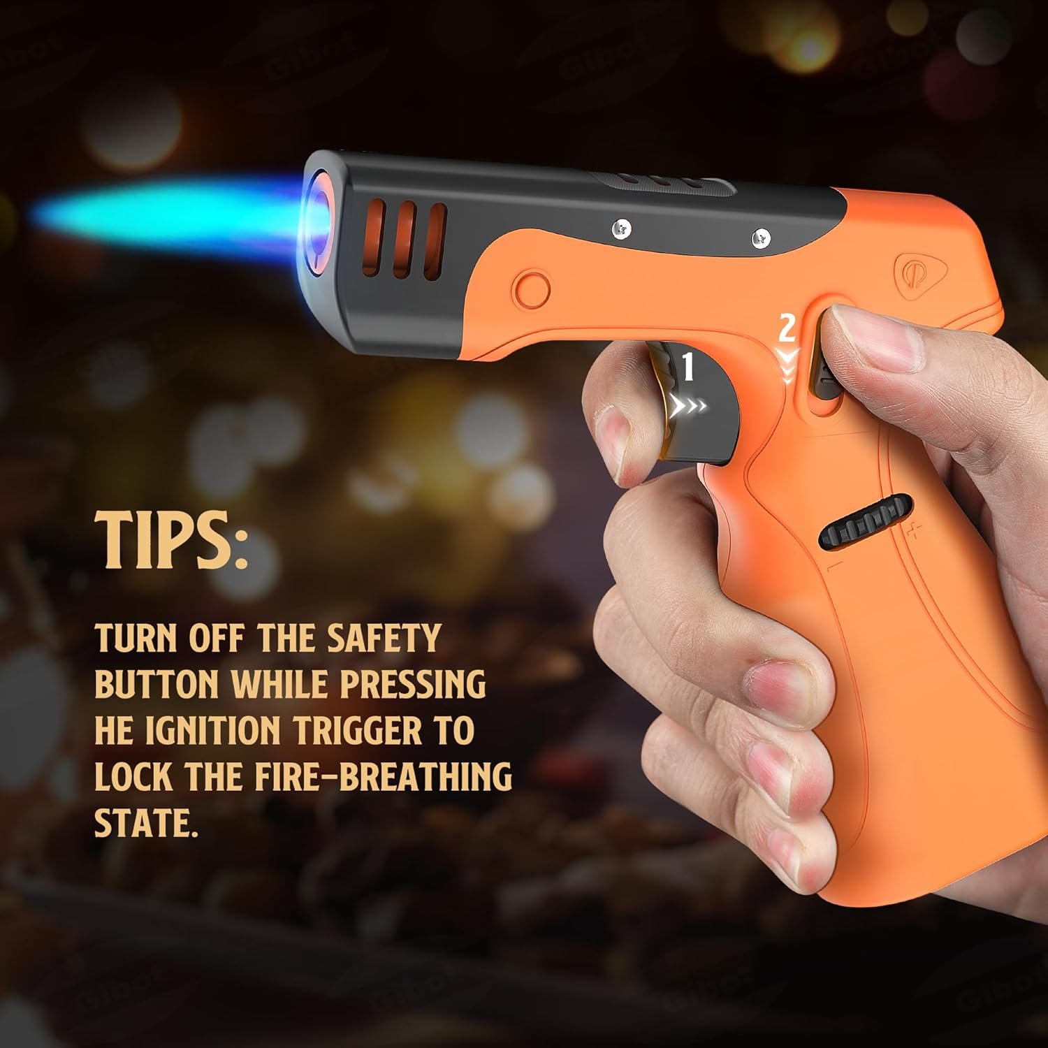 GIBOT Butane Torch Lighter Gun, Refillable Cooking Torch with Adjustable Flame & Safety Lock, Ergonomically Designed Gun lighter for Cooking Welding Grill Industrial Butane Gas Not Included(Orange) - Image 6