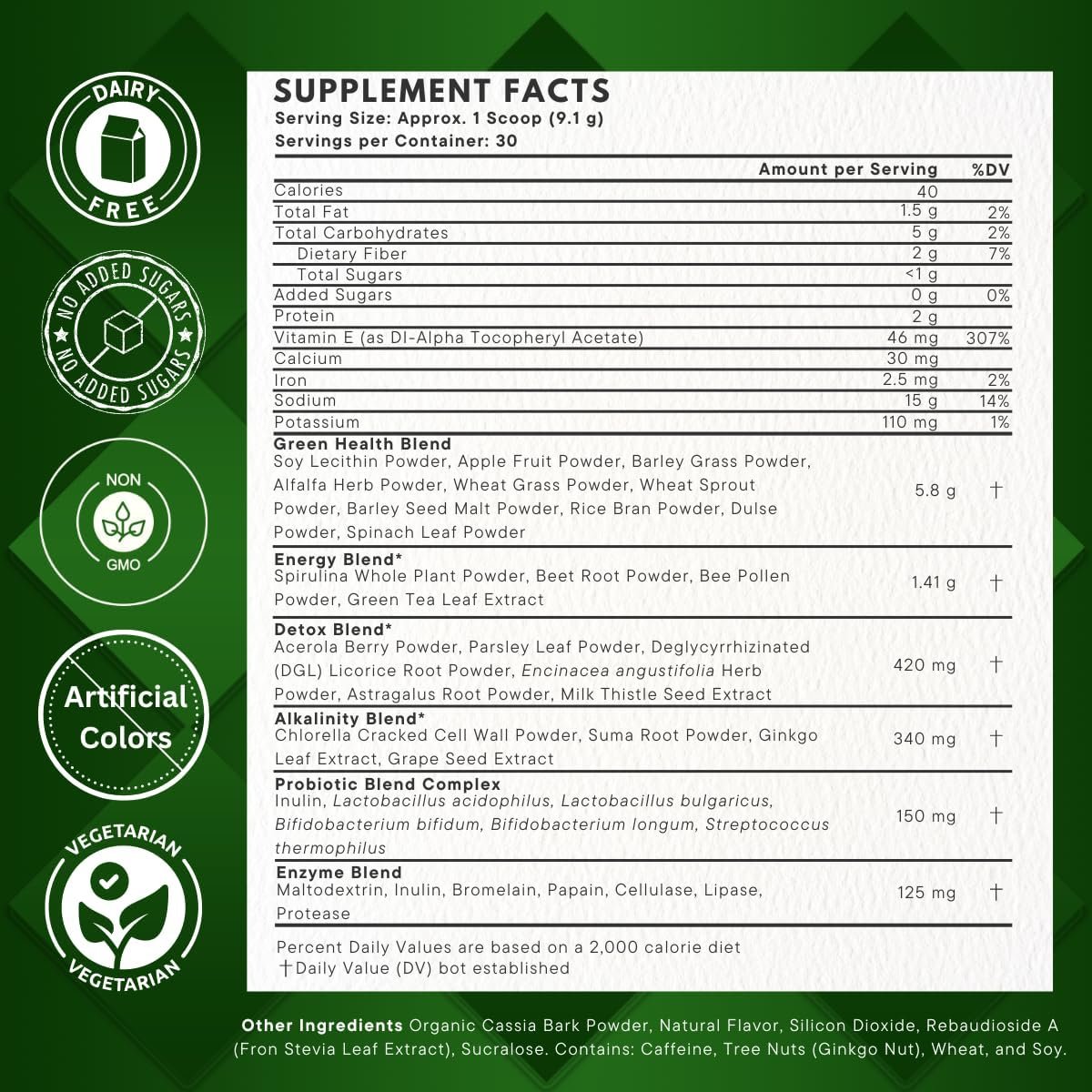 Super Greens Powder with 24+ Superfoods, Premium Nutrient-Dense Blend, Promotes Immunity & Energry Levels, Supports Disgestion & Gut Health, Apple Cinnamon Flavor, 9.6 oz - Image 3