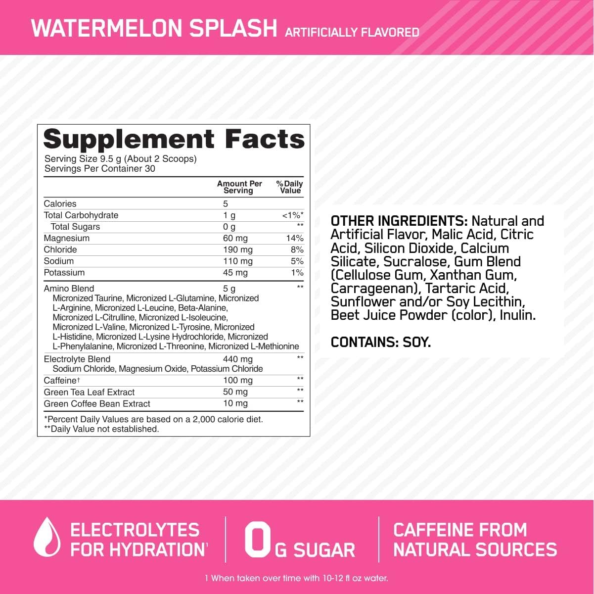 Optimum Nutrition Amino Energy Powder Plus Hydration, with BCAA, Electrolytes, and Caffeine, Watermelon Splash, 30 Servings (Packaging May Vary) - Image 3