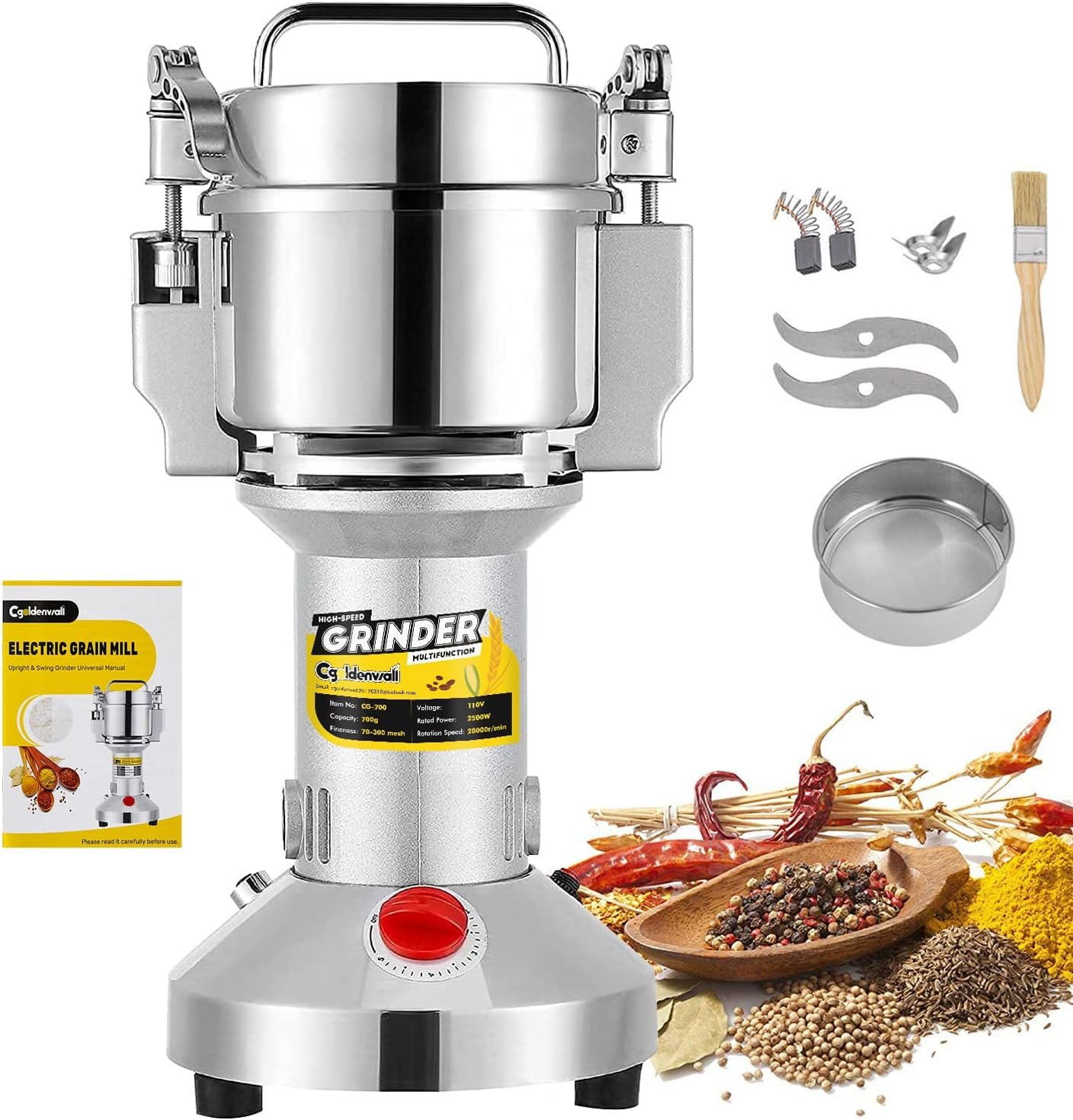 CGOLDENWALL Safety Upgraded Electric Grain Grinder Mill High-speed Dry Spice Herb Mill Grinding Machine with 2400W Commercial Motor Overload Protection CE 110V (700g Hand-held Type) - Image 2