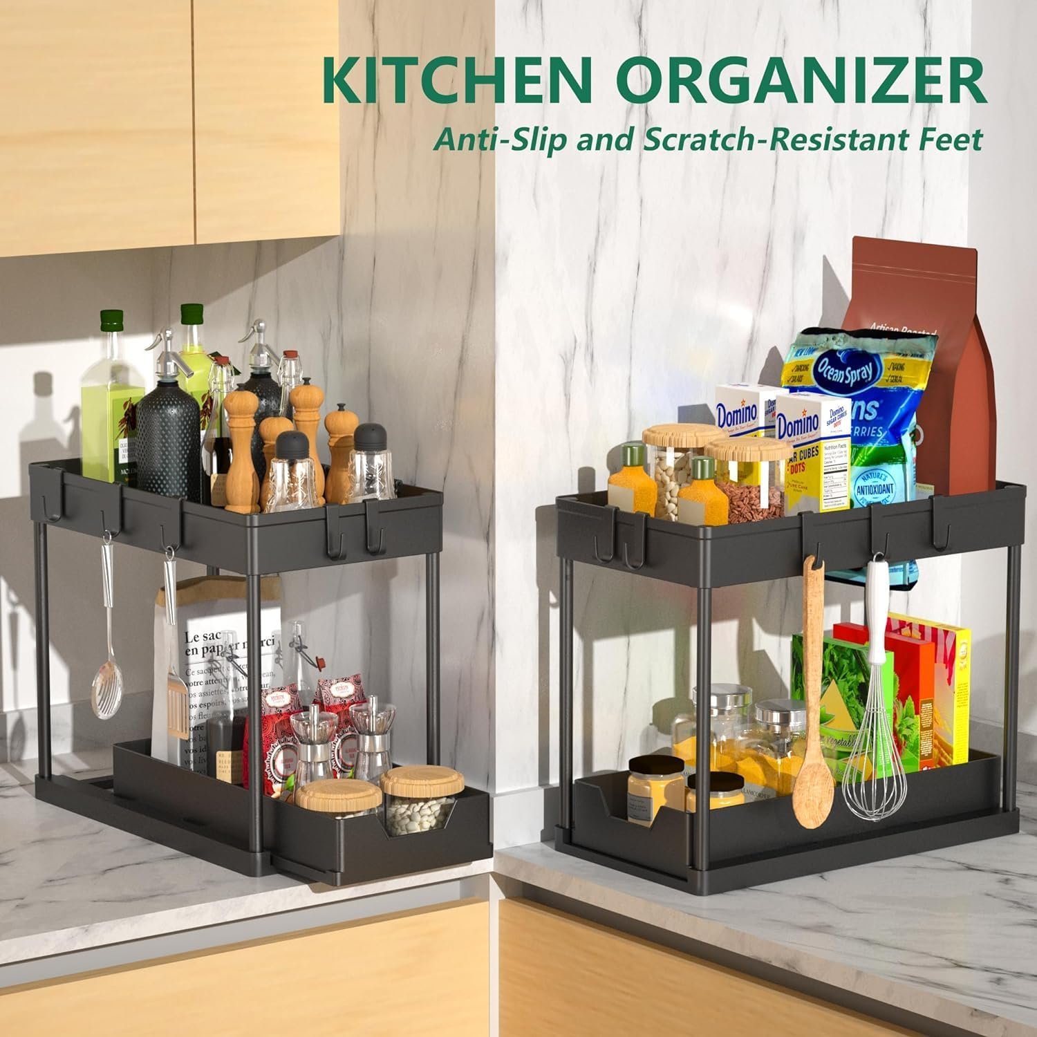 mosala Under Sink Organizers and Storage 2 Pack - 2 Tier Sliding Bathroom Cabinet Organizer with Hooks - Multi-Purpose Under The Sink Organizer Kitchen - Black - Image 7