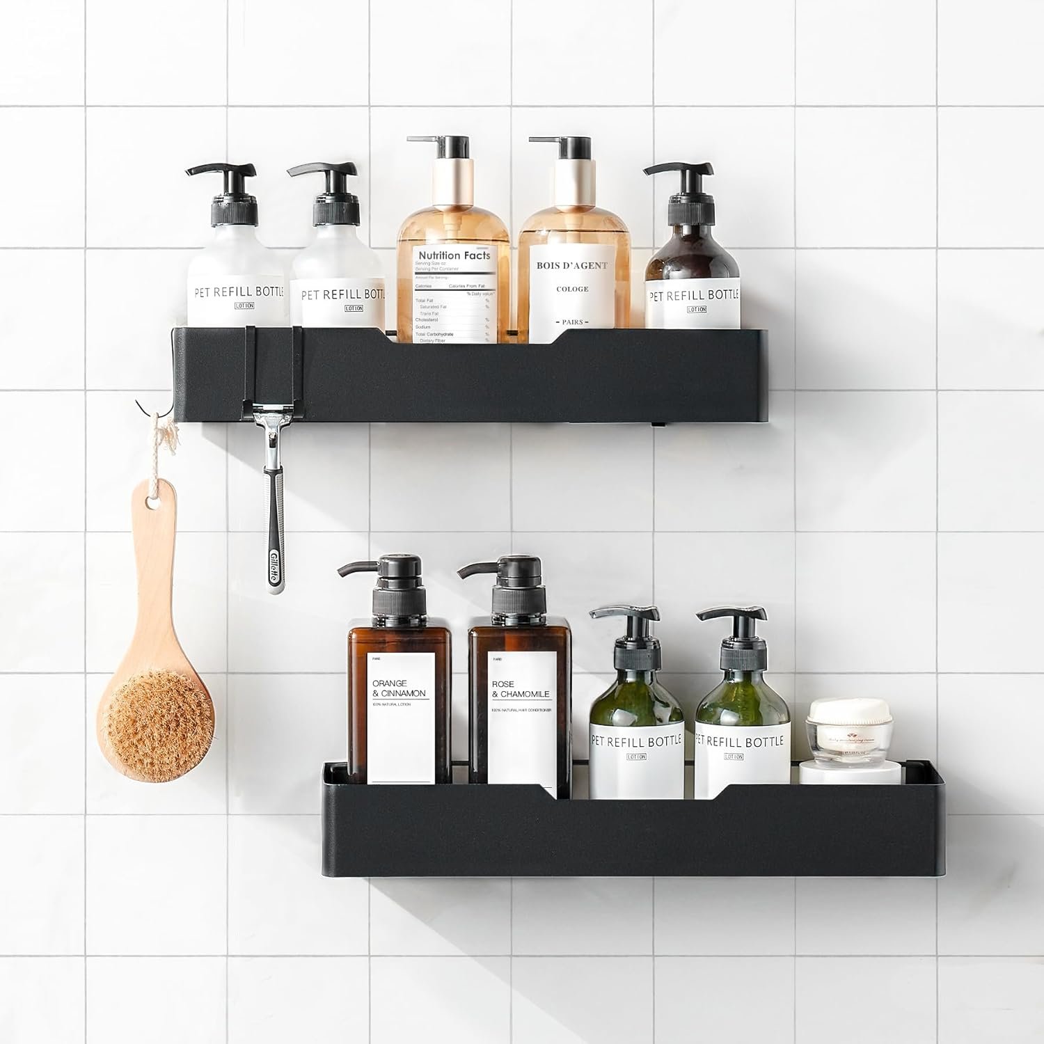 Adhesive Shower Caddy 2 PCs, Large shower shelves for inside shower, Rustproof Shower Caddy Black No Drilling Bathroom Shower Organizer, Wall Mount Shower Caddy with 4 Removable Hooks(Black) - Image 2