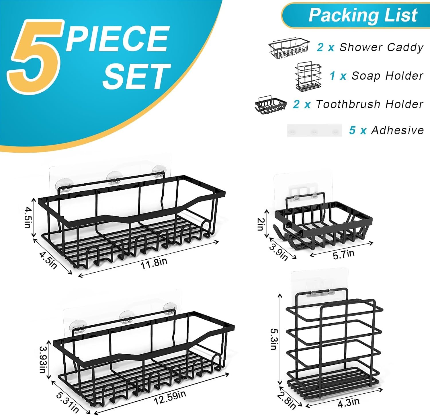 OLANLY Shower Caddy 5 Pack, Adhesive Shower Organizer for Bathroom Storage, Rustproof Stainless Steel Bath Organizers, Shower Shelves for Inside Shower, Large Capacity, Home Decor Accessories, Black - Image 8