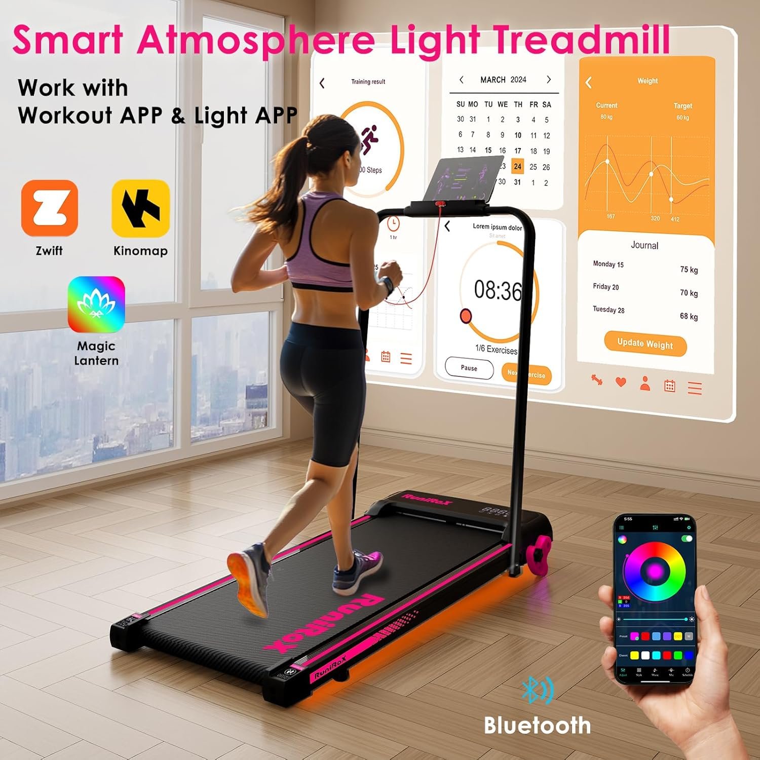 Walking Pad Treadmill with Incline and Lights, Under Desk Treadmill with Incline for Home Office, 3 in 1 Portable Treadmill with LED Display and APP - Image 4
