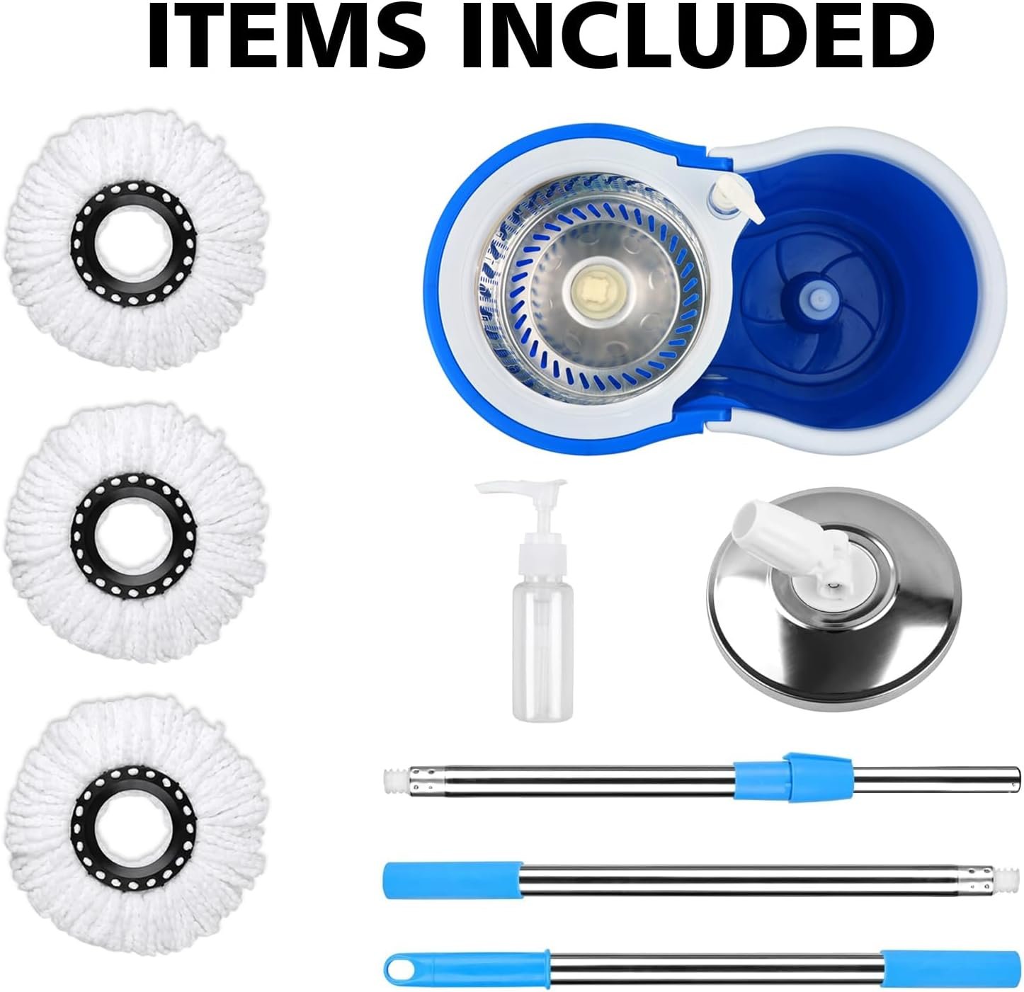 Spin Mop and Bucket with Wringer Set, 360° Mop and Bucket Set for Floor Cleaning, Stainless Steel 61" Adjustable Extended Handle with 3 Microfiber Mop Refills, Blue - Image 6