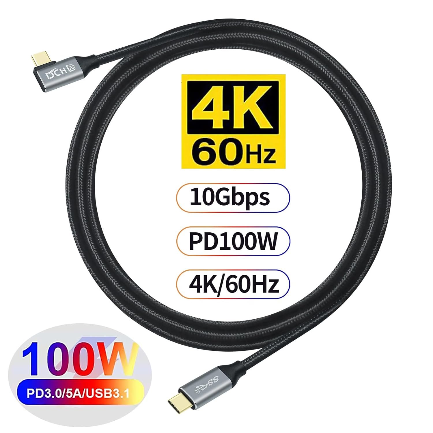 DCHAV 6ft 90 Degree USB C Cable 100W Fast Charging 4K Video Output 10Gbps Data Transfer 3.1 Gen 2 PD 20V 5A Type C to Type C Monitor Cord Charge Phone Tablet Laptop Computer - Image 3