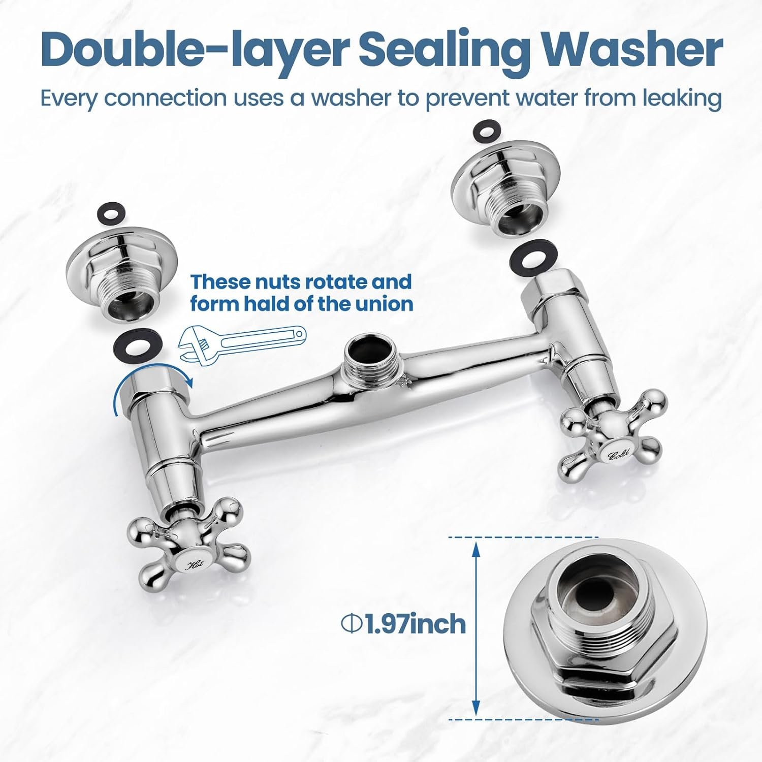 Airuida Chrome Polish Wall Mounted Kitchen Sink Faucet Wall Mounted Commercial Kitchen Faucet Wall Mount 8 Inches Center Faucet, 360 Degree Swivel Spout Mixer Laundry Restaurat Tap with Female Thread - Image 5