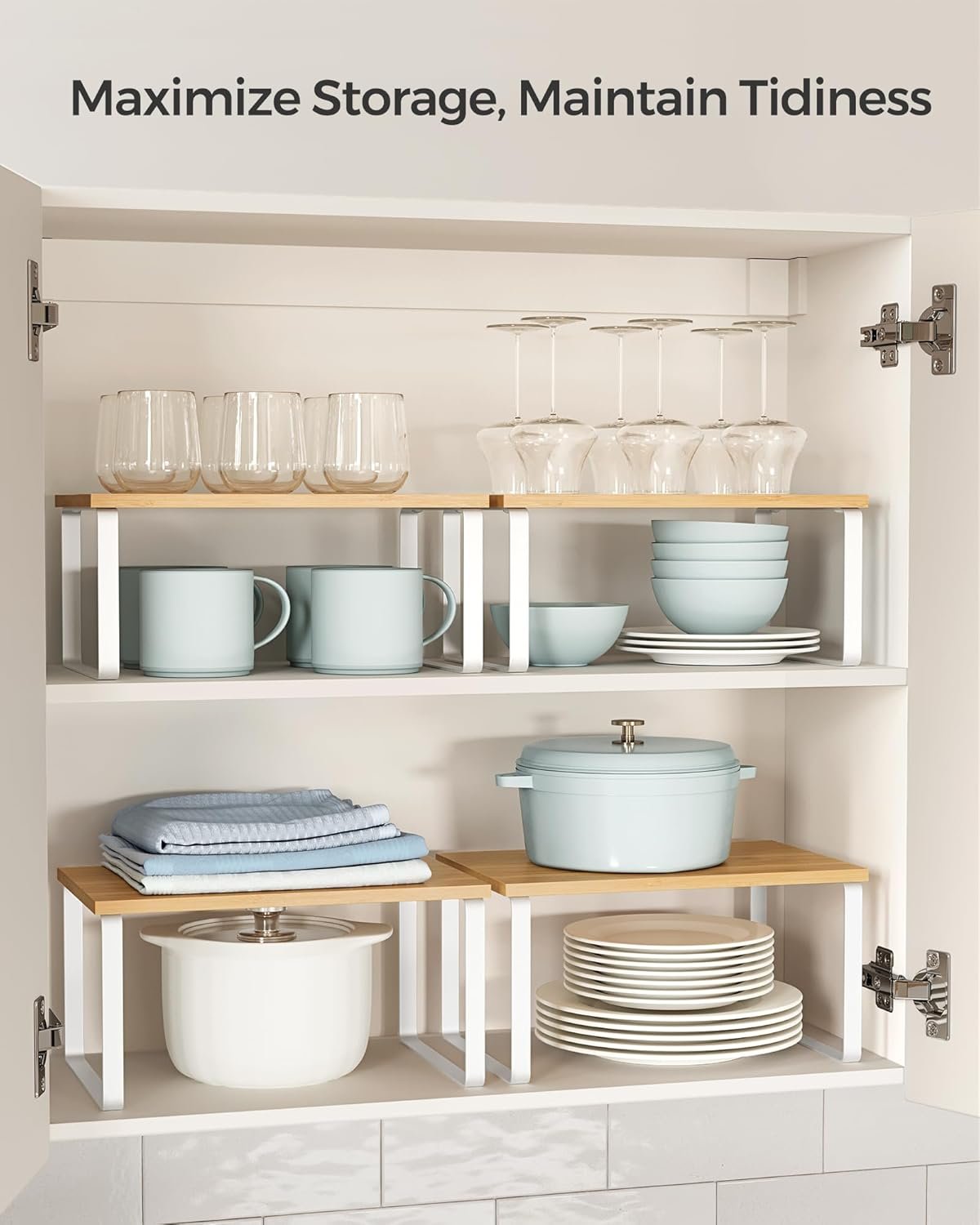 SONGMICS Cabinet Organizer Shelf, Set of 2 Kitchen Counter Shelves, Kitchen Storage, Spice Rack, Stackable, Expandable, Metal and Engineered Wood, Cloud White and Natural Beige UKCS02NW - Image 3