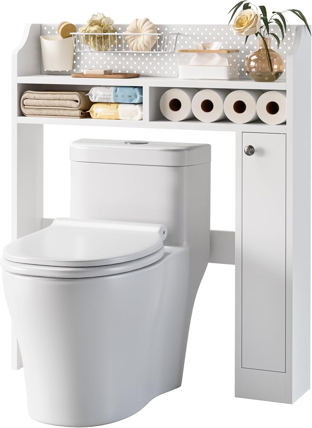 IRONCK Over The Toilet Storage Cabinet, Freestanding Bathroom Organizer with Door Cabinet & Open Shelves, Space-Saving Toilet Rack with Metal Pegboard and Wire Basket for Bathroom, Laundry Room, White - Image 2