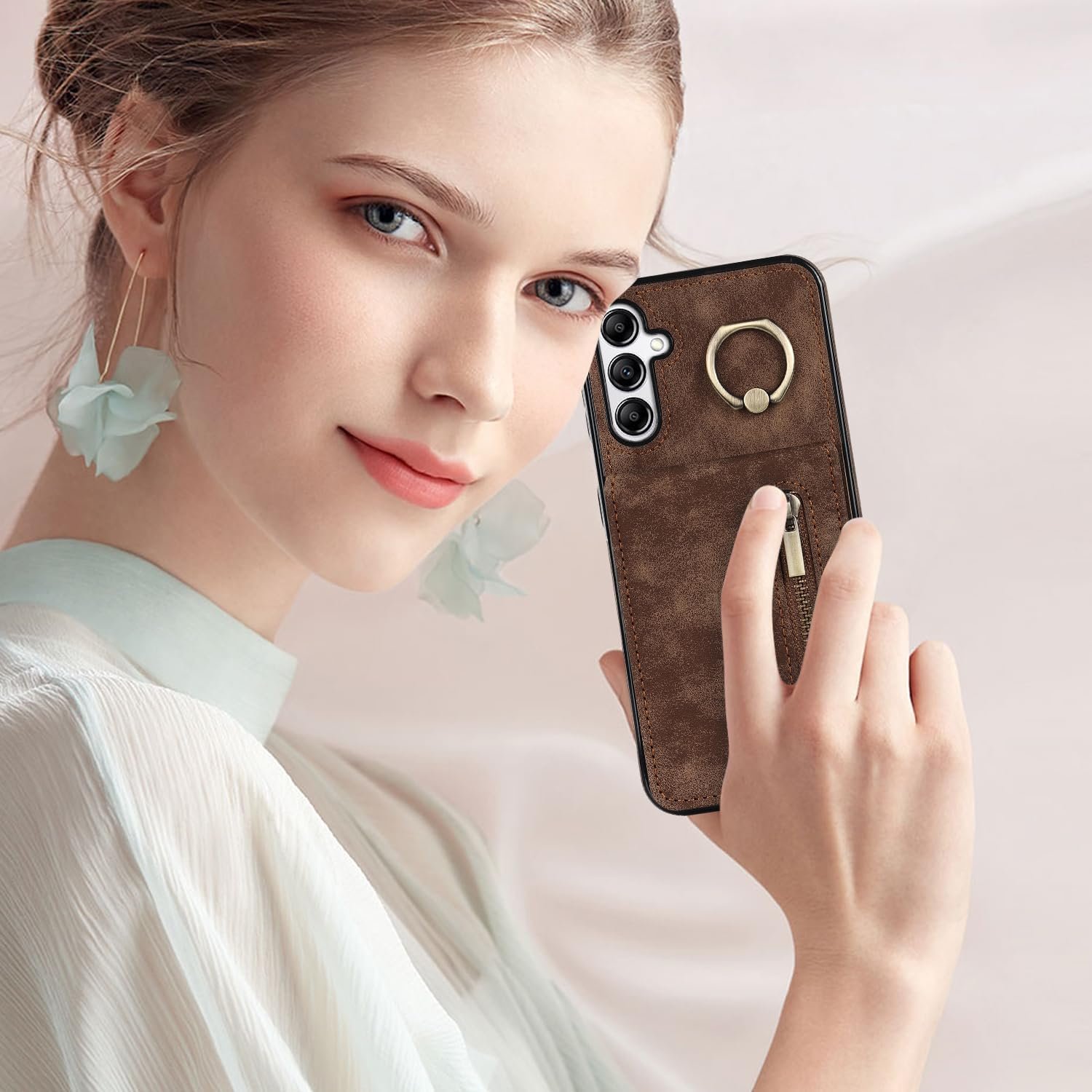 Asuwish Phone Case for Samsung Galaxy A14 5G Wallet Cover with Tempered Glass Screen Protector and Cell Accessories Zipper RFID Card Holder Slot Ring Kickstand A 14 4G 14A G5 A145G SM Women Men Brown - Image 8