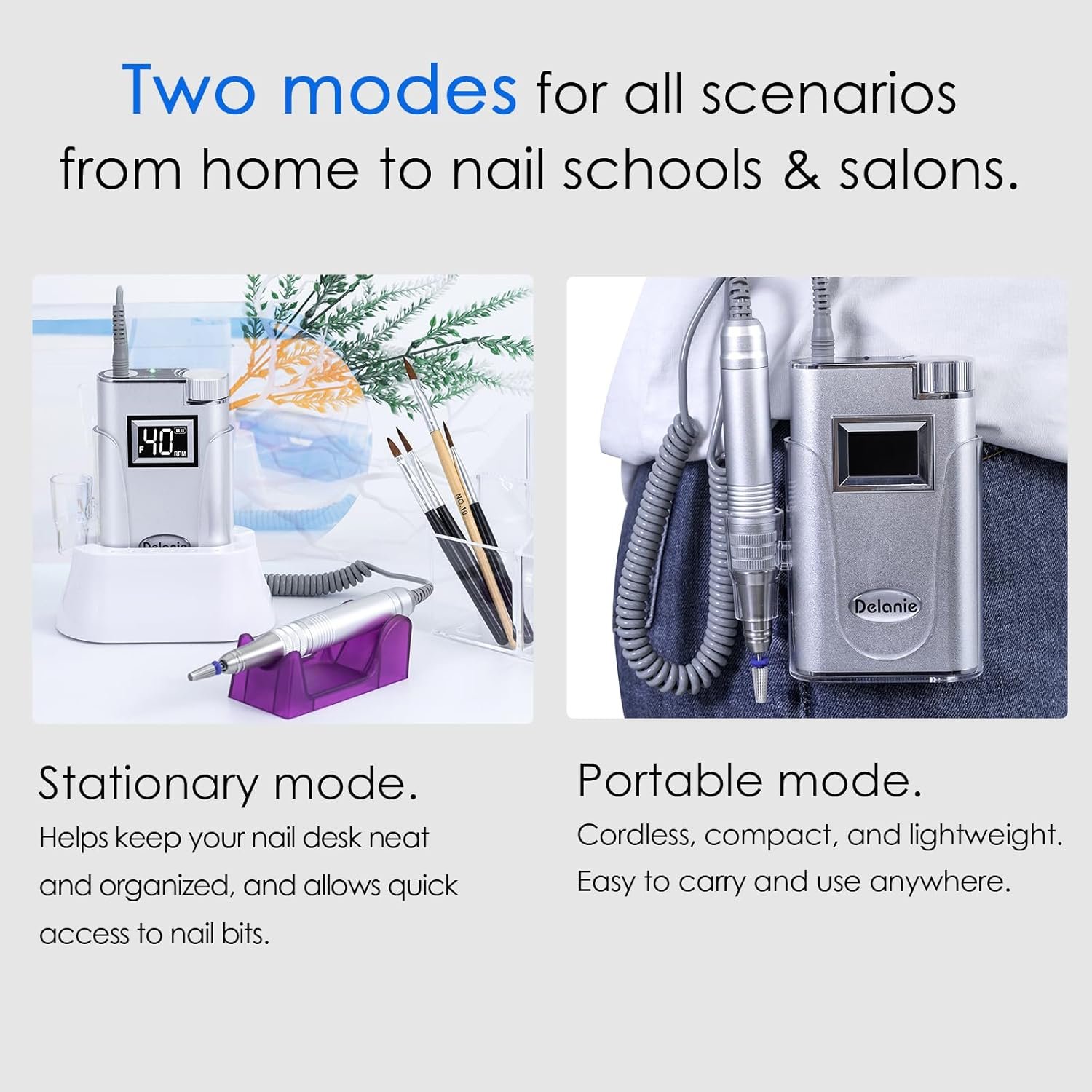 Delanie Professional Electric Nail Drill Machine 40000 RPM Rechargeable Electric Nail File E File Filer, Silver - Image 4