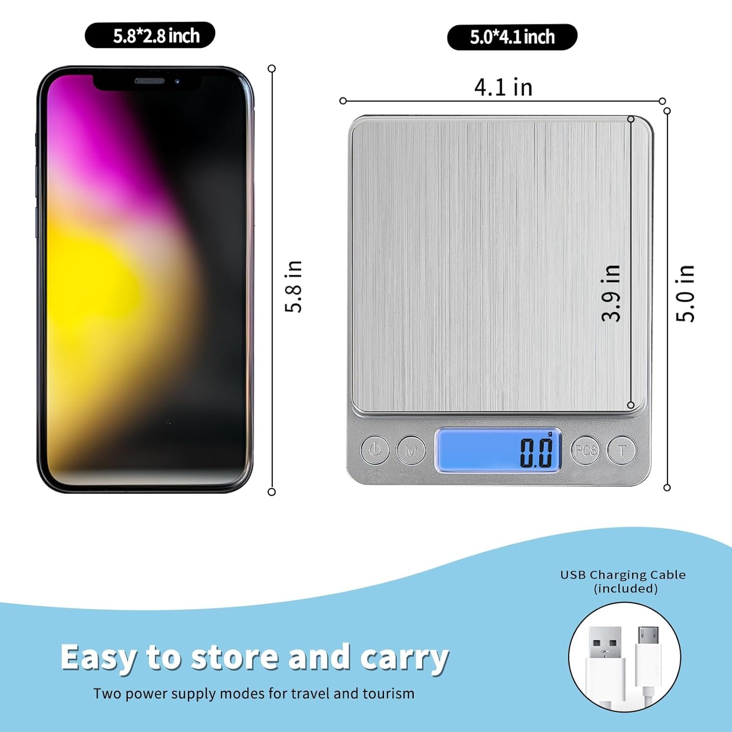 Food Scale, Digital Kitchen Scale Weight Grams and Ounces,0.1g High Accuracy Mini Pocket Scale for Baking Cooking Meal Prep Weight Loss, Rechargeable, Tare Function,2 Trays, LCD Display - Image 6