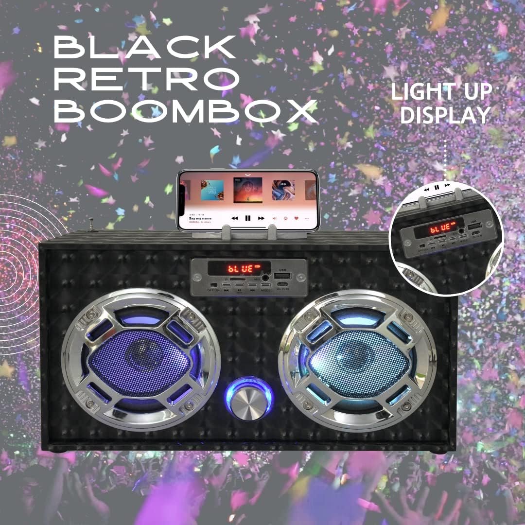 Boombox Speaker with LED Lights – Retro Bluetooth Speaker w/Enhanced FM Radio - Perfect for Home and Outdoor (Black) - Image 8