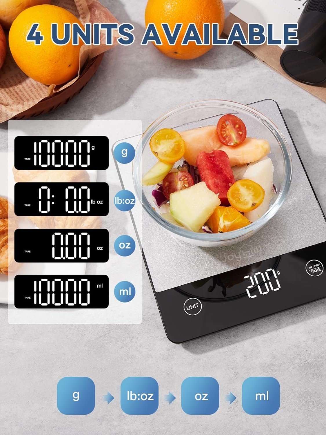 JOYHILL Food Scale, 22lb Digital Kitchen Scale Food Ounces and Grams for Weight Loss, Baking and Cooking, Premium Stainless Steel Food Weight Scale with LED Display, Batteries Included, Silver - Image 4