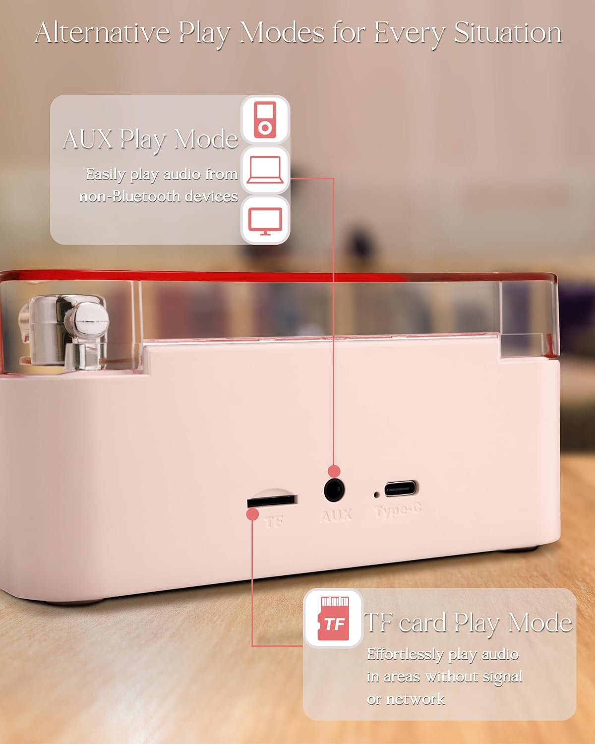 Waves Vinyl Bluetooth Speaker, Vinyl Record Player Style Speaker with Ocean Sound White Noise, Retro Bluetooth Speaker with Ambient Light, Mini Record Player Cute Speaker, Pink - Image 7