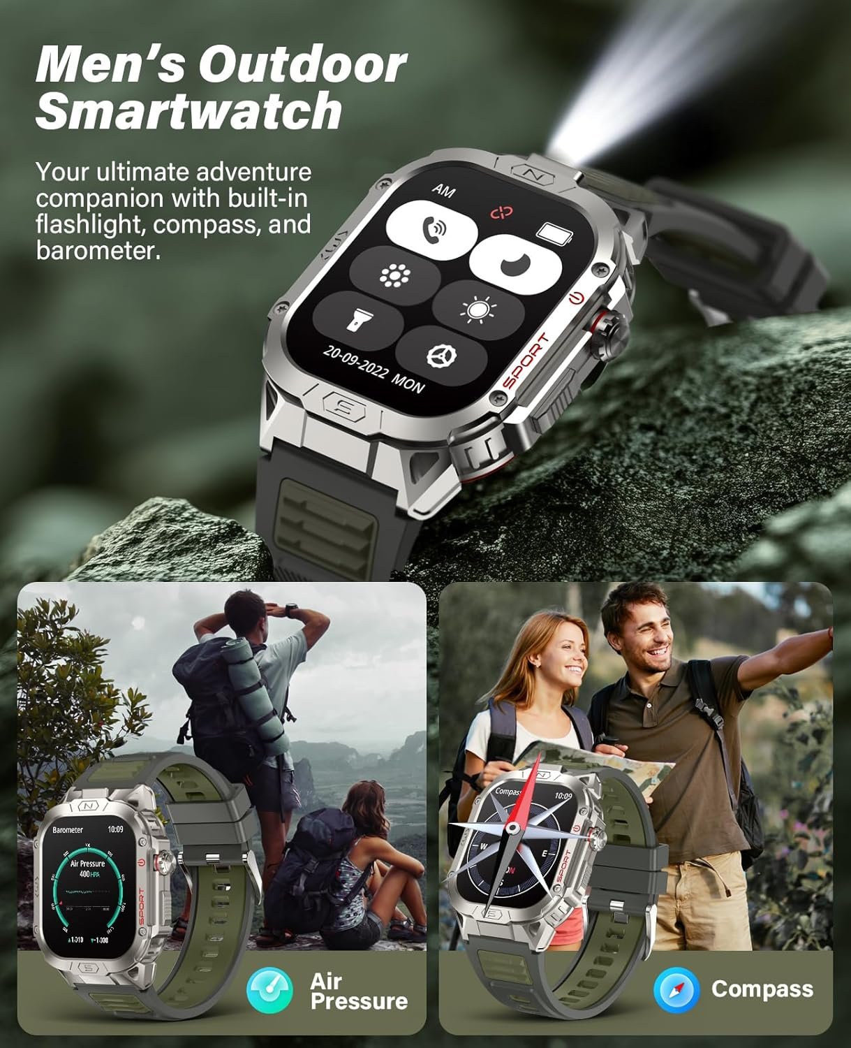SOUYIE Smart Watch for Men with LED Flashlight, 2.02" HD Display Rugged Outdoor Sport Smartwatch with Compass/Altimeter/Barometer, Waterproof Fitness Tracker, Heart Rate Sleep Monitor for iOS Android - Image 8