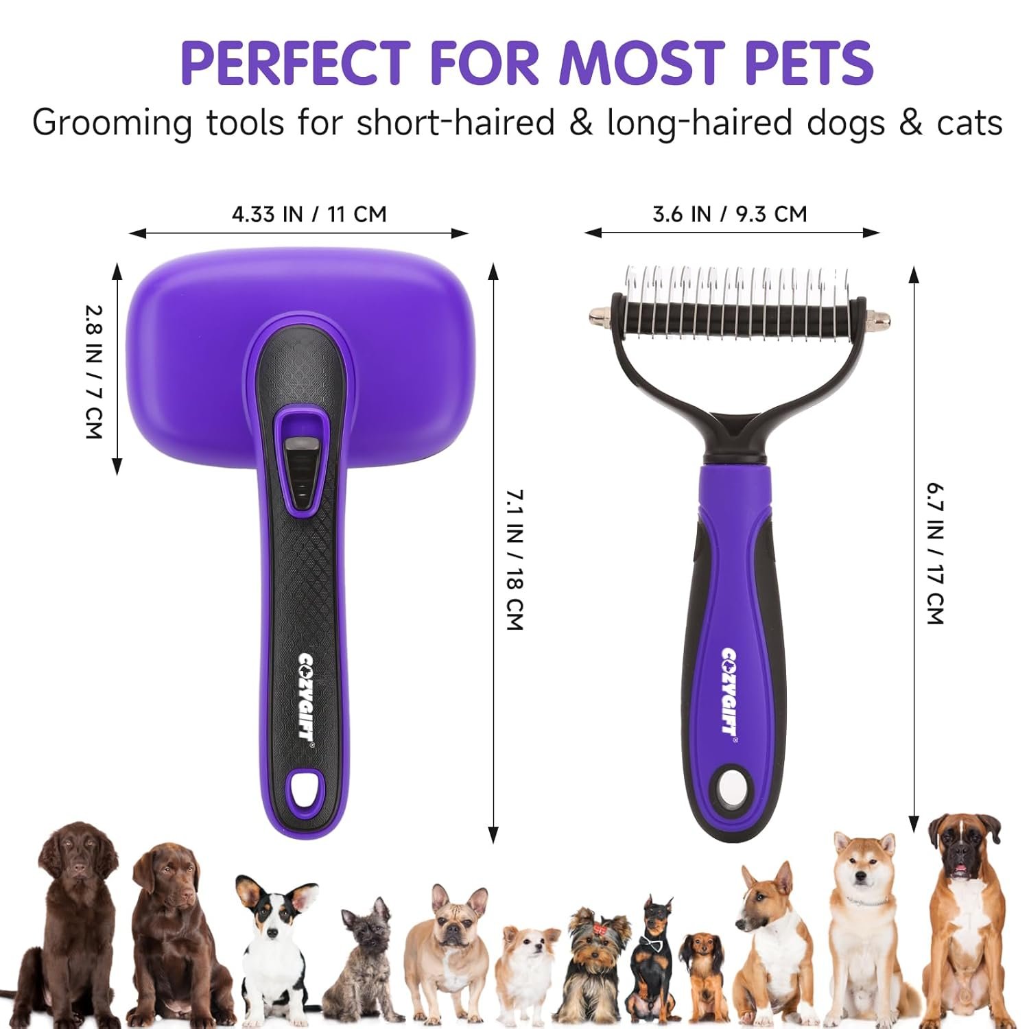 Dog Brush Kit – 3 PCS Grooming Set with Self-Cleaning Brush, Undercoat Rake & Pet Bath Brush. Great for Shedding, Tangles & Dirt Removal – Ideal for Long & Short Haired Dogs & Cats, Purple - Image 9