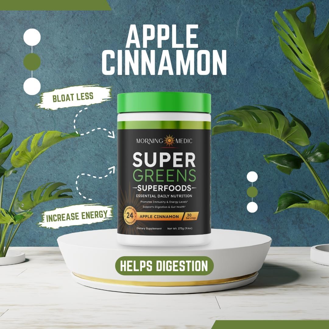 Super Greens Powder with 24+ Superfoods, Premium Nutrient-Dense Blend, Promotes Immunity & Energry Levels, Supports Disgestion & Gut Health, Apple Cinnamon Flavor, 9.6 oz - Image 7