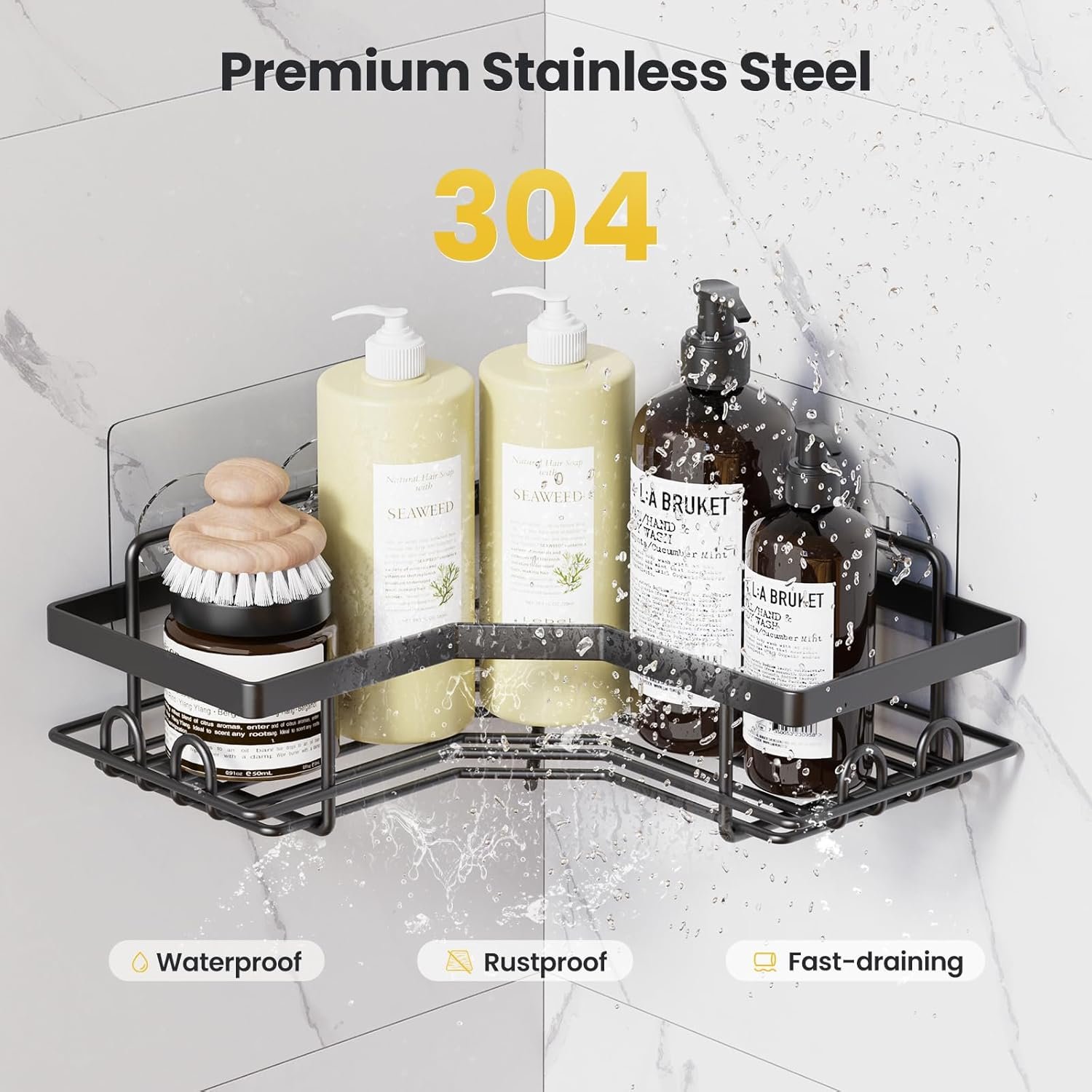 Corner Shower Caddy,8 Pack Adhesive Bathroom Accessories with Soap Holder, Storage Stainless Shower Organizer Shelf with 8 Hooks for Bathroom - Image 7