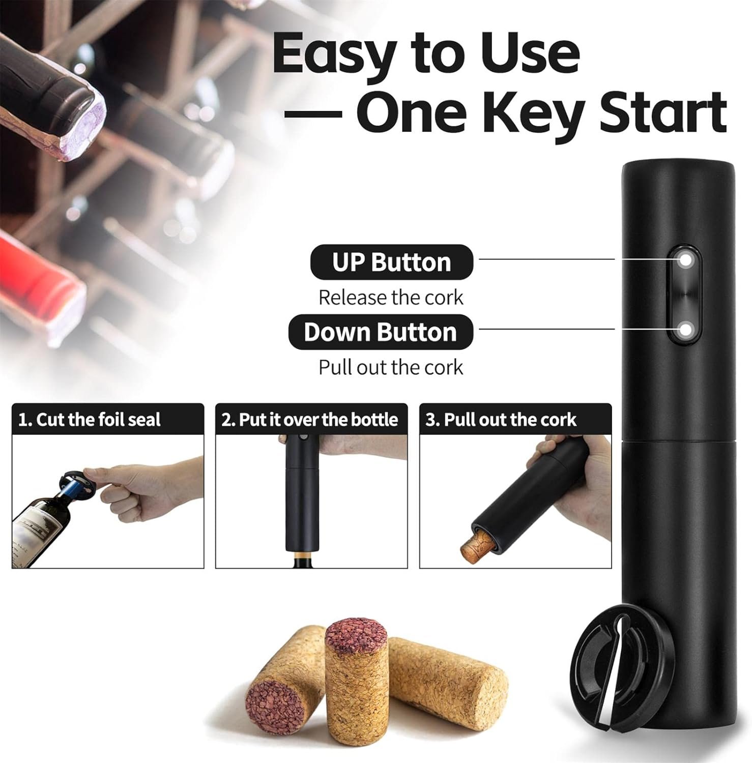 Electric Wine Opener Battery Operated Automatic Wine Bottle Opener with Wine Stopper & Foil Cutter for Wine Bottles, One-click Button Wine Corkscrew for Kitchen Bar Wine Lovers House Warming Gifts - Image 4