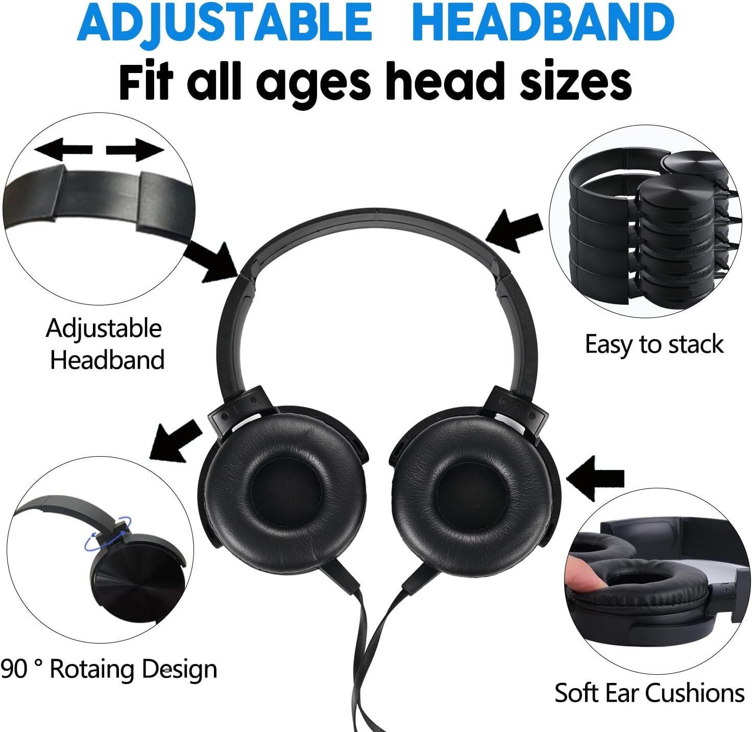 Classroom Headphones Bulk 10 Pack,Students On Ear Headsets,Comfy Swivel Earphones for Computer,School,Library,Airplane,for Online Learning and Travel,Premium Stereo Sound 3.5mm Jack (Black) - Image 3